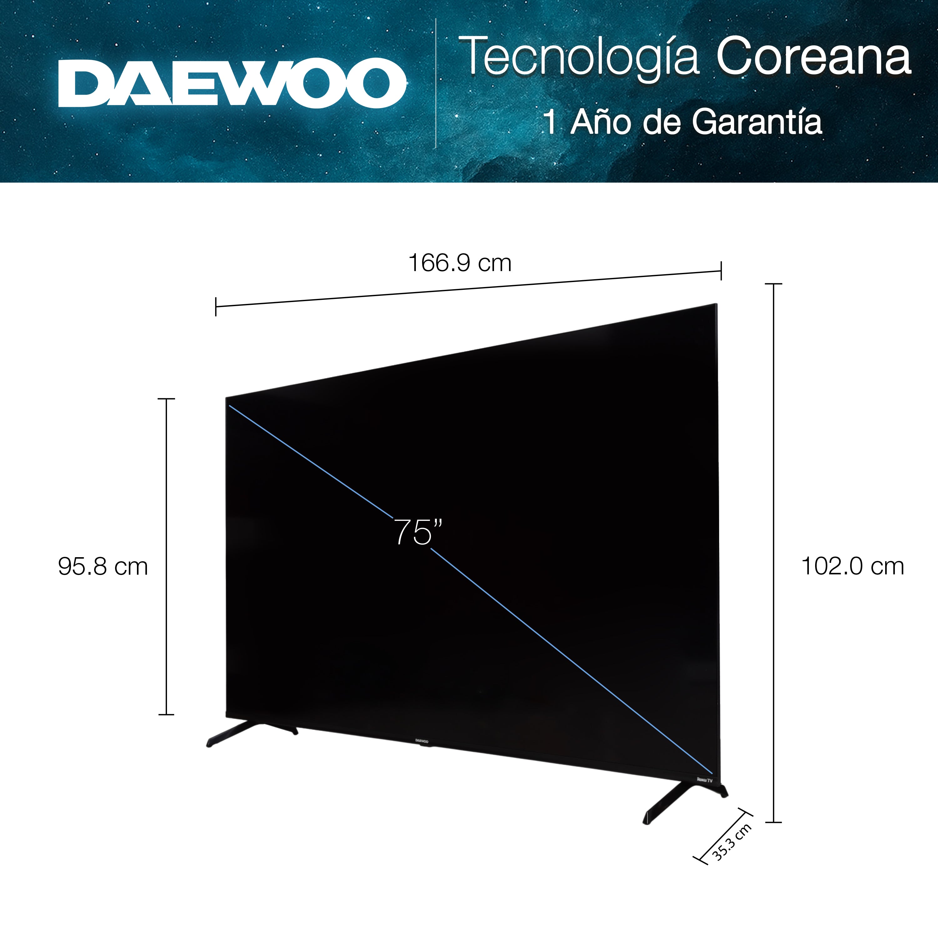 Daewoo Pantalla Smart TV 75 pulgadas 4K UHD LED Frameless Roku TV Dolby Audio WiFi 3 HDMI 2 USB AV Netflix YouTube Prime Video Modelo DAW75URF