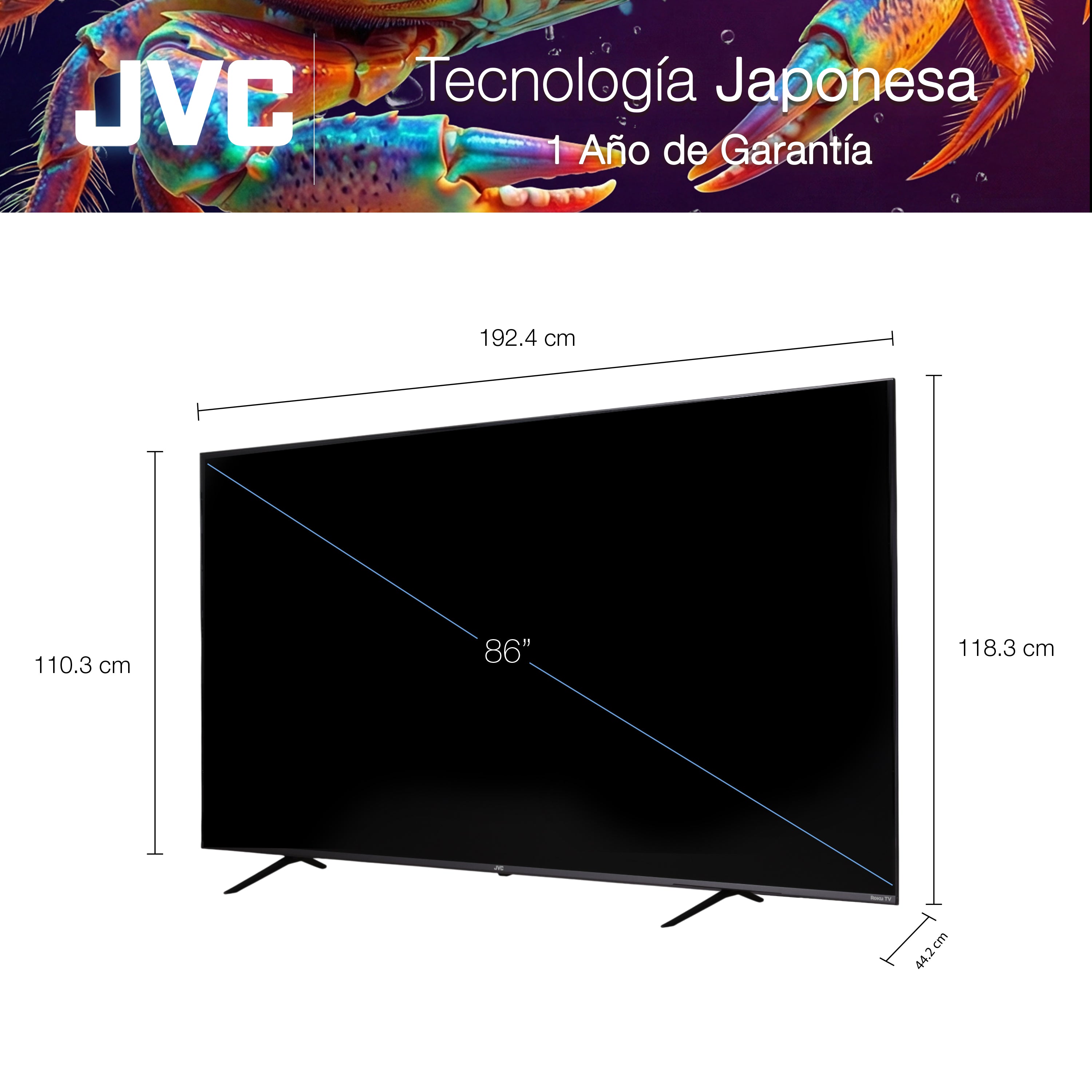 JVC Pantalla Smart TV 86 pulgadas 4K UHD LED Frameless Roku TV WiFi 4 HDMI 2 USB AV Netflix YouTube Prime Video Modelo SI86URF