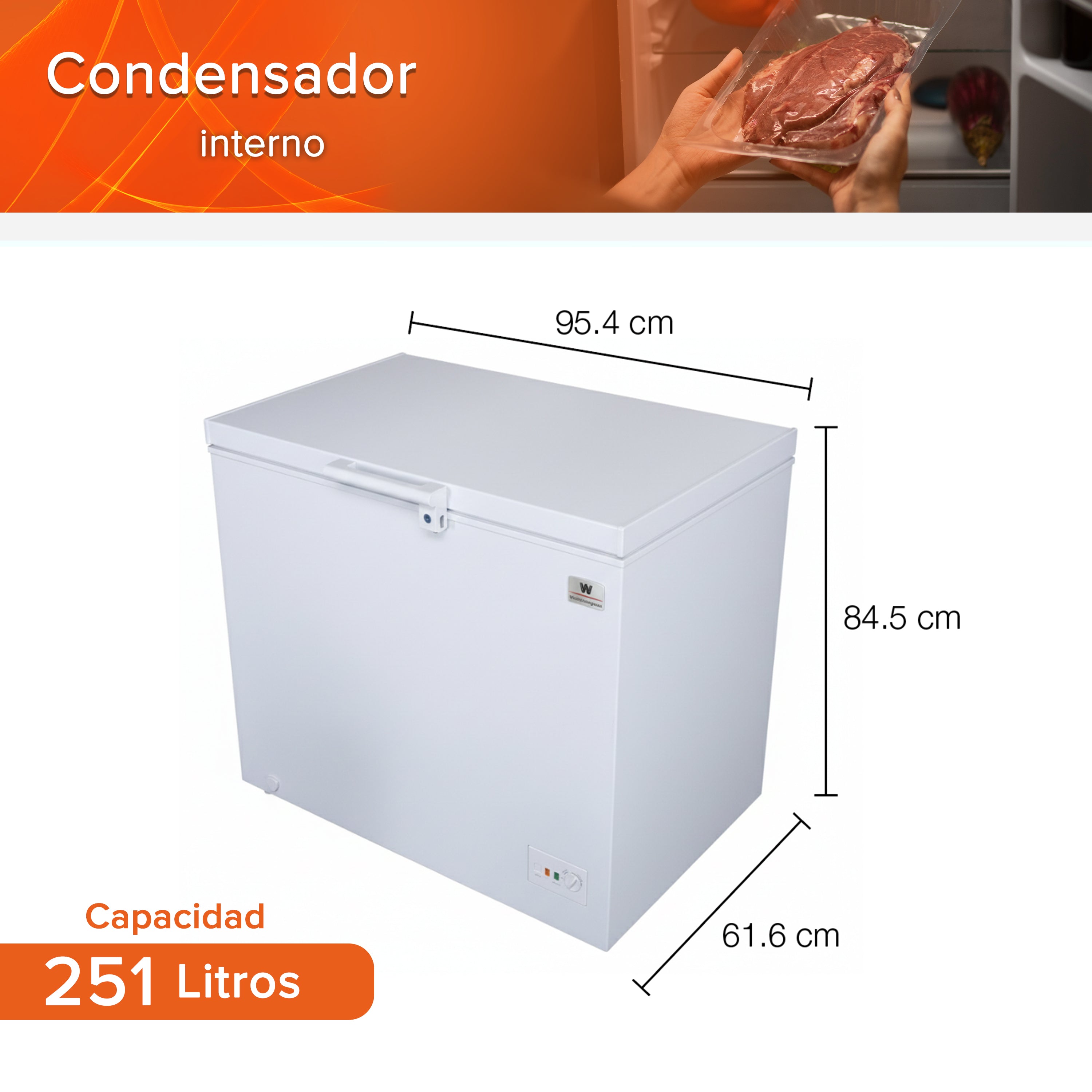 White Westinghouse Congelador 9 pies 251 litros Modelo WWCCF89251LHWSD Inverter control dual condensador interno canastilla puertas deslizables luz interior ruedas