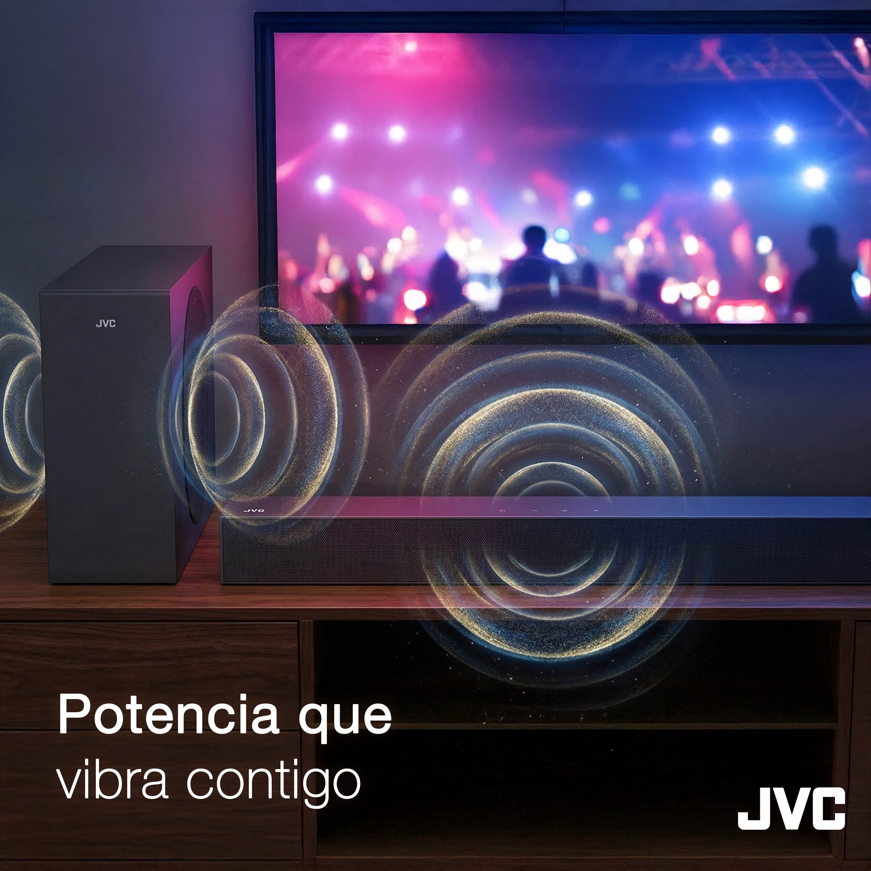 JVC Soundbar 2.1 canales con Subwoofer inalámbrico Dolby Atmos Bluetooth 5.3 HDMI ARC Optical Input Roku TV Ready Modelo SB542R (Copia)