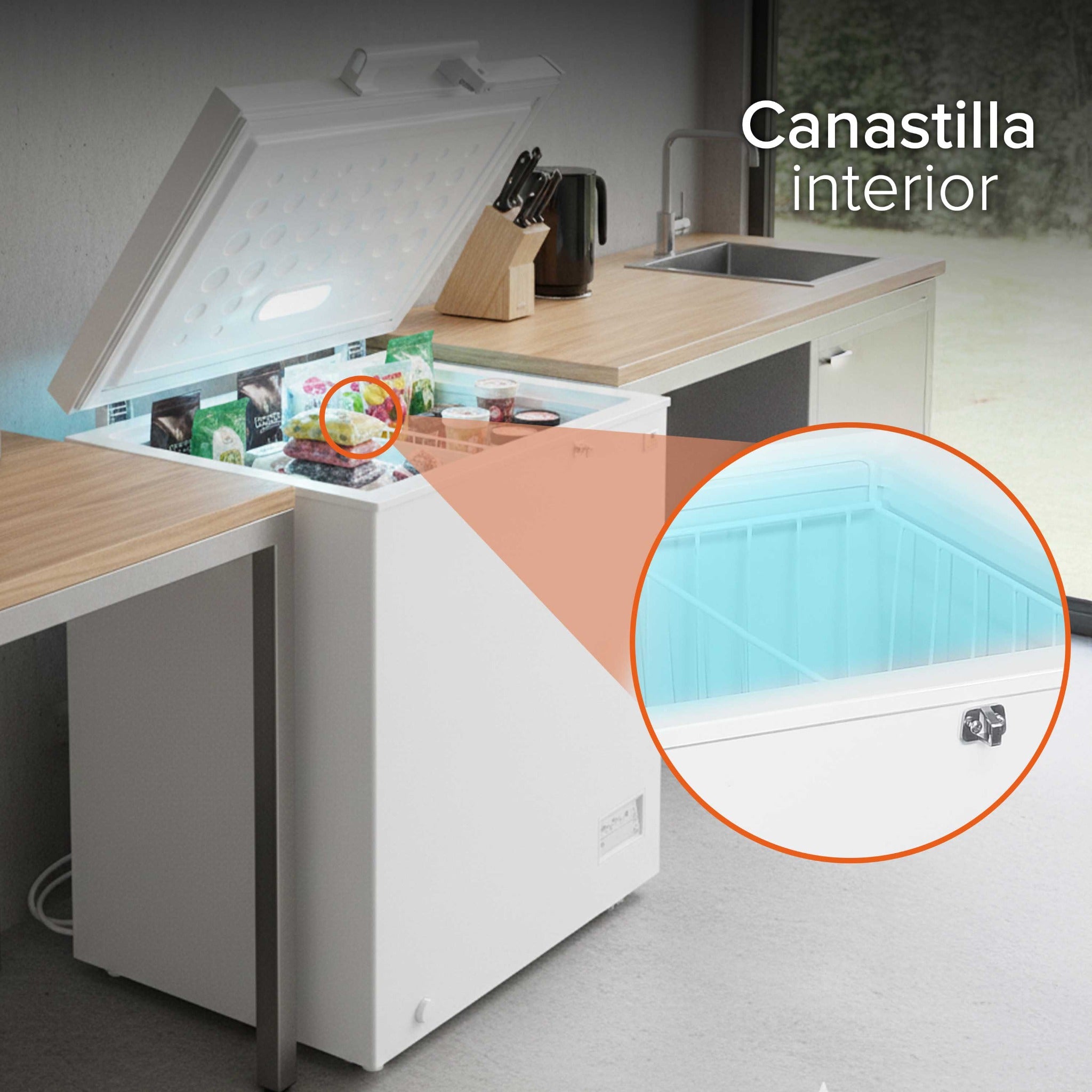 White Westinghouse Congelador 5 pies 145 L Modelo WWCCF05145LHWSD ruedas condensador interno control dual de temperatura canastilla interior cerradura con llave manija exterior