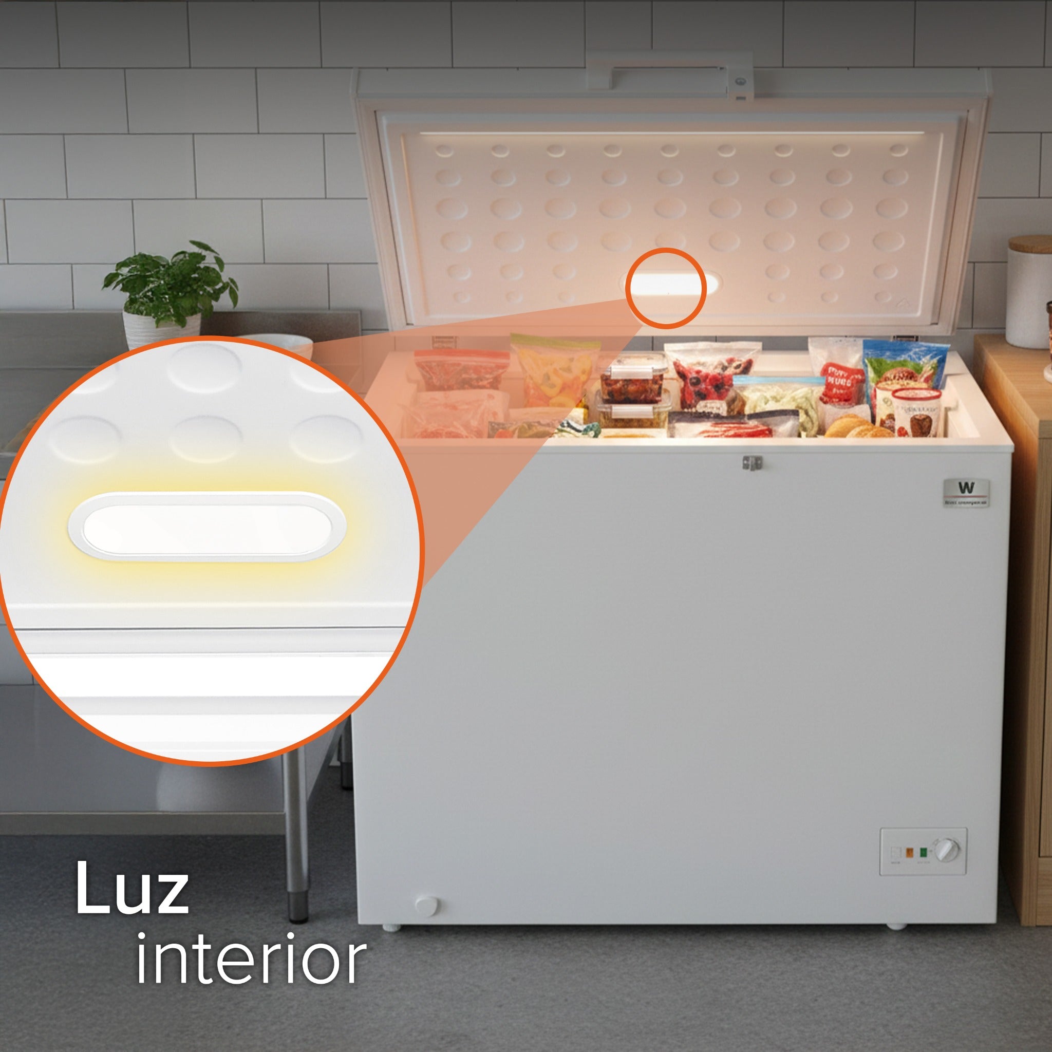 White Westinghouse Congelador 9 pies 251 litros Modelo WWCCF89251LHWSD Inverter control dual condensador interno canastilla puertas deslizables luz interior ruedas