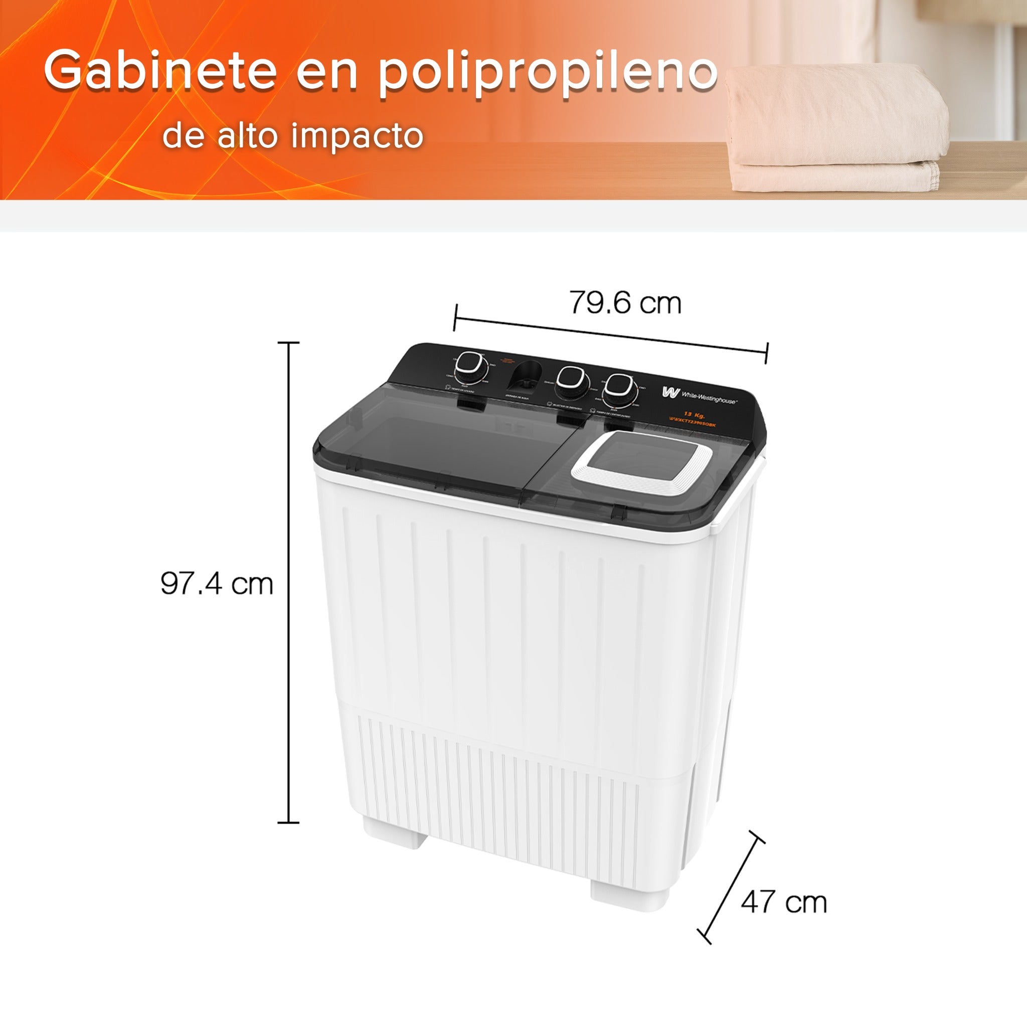 White Westinghouse Lavadora Doble Tina 13 kg WWXCTT23905BK Gabinete en polipropileno 4 niveles de agua 3 perillas de control Bajo consumo de energía Ahorro de agua