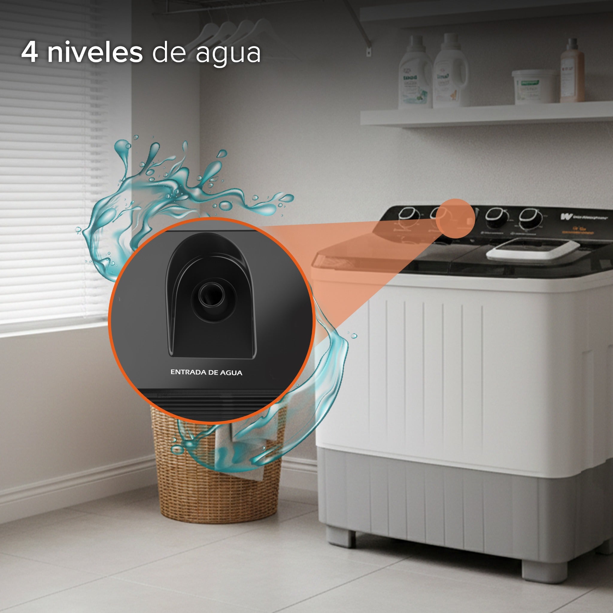 White Westinghouse Lavadora Doble Tina 15 kg WWXCTT251006QBK Gabinete en polipropileno 4 niveles de agua 4 perillas de control Bajo consumo de energía Ahorro de agua
