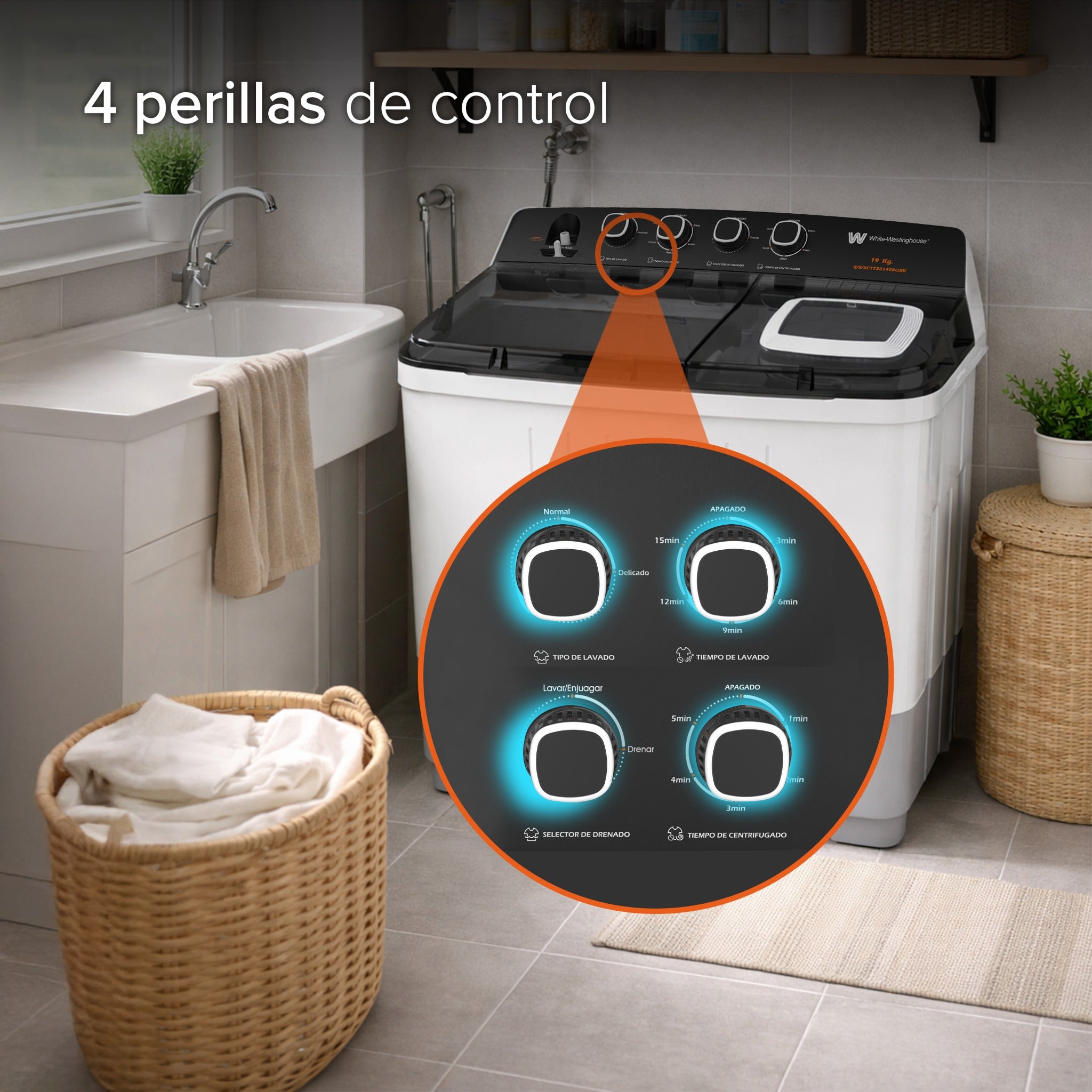 White Westinghouse Lavadora doble tina 19 kg WWXCTT301408QBK Gabinete en polipropileno 4 niveles de agua 4 perillas de control Bajo consumo de energía Ahorro de agua