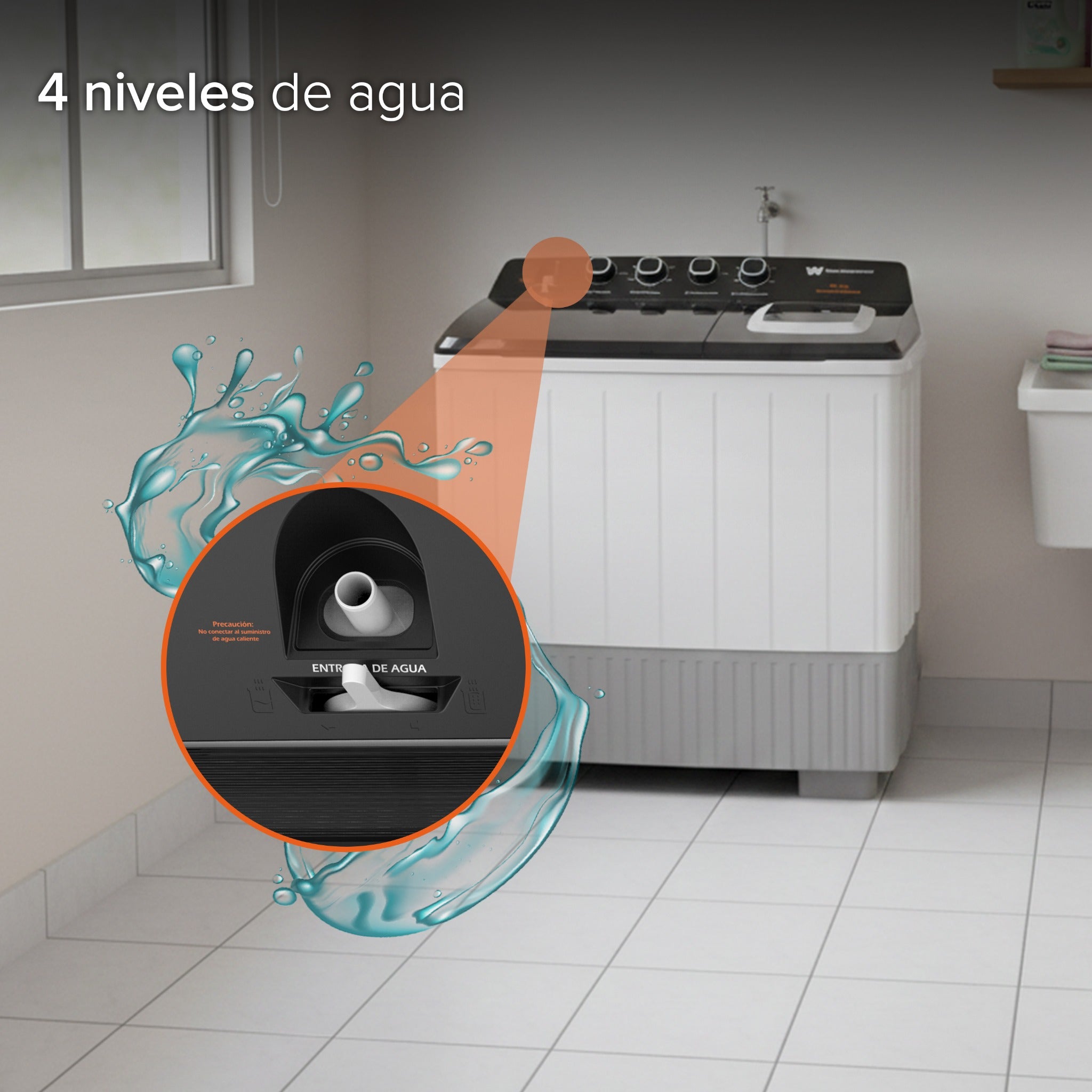 White Westinghouse Lavadora doble tina 19 kg WWXCTT301408QBK Gabinete en polipropileno 4 niveles de agua 4 perillas de control Bajo consumo de energía Ahorro de agua