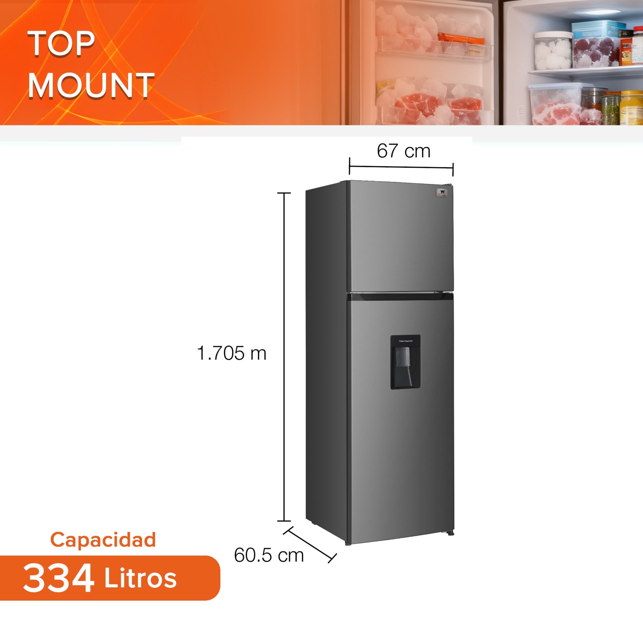 White Westinghouse Refrigerador 12 pies Top Mount 334 L Inverter automático 2 puertas con congelador control mecánico de temperatura despachador de agua puerta reversible luz interior