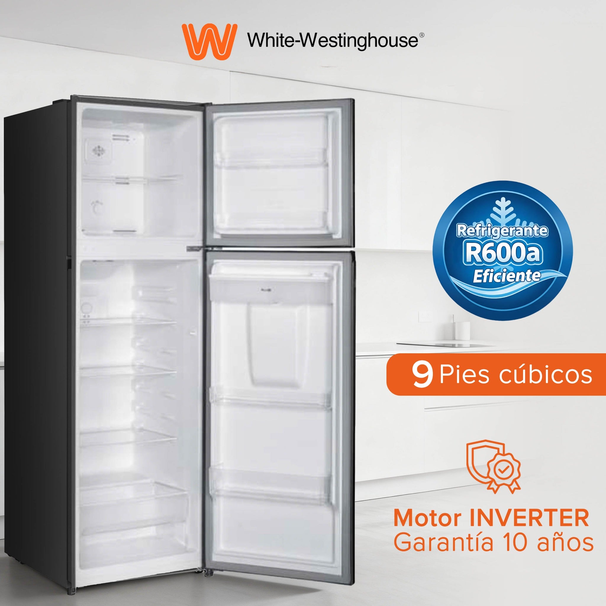 White Westinghouse Refrigerador 9 pies Top Mount 247 L Inverter automático 2 puertas con congelador control mecánico de temperatura despachador de agua puerta reversible luz interior
