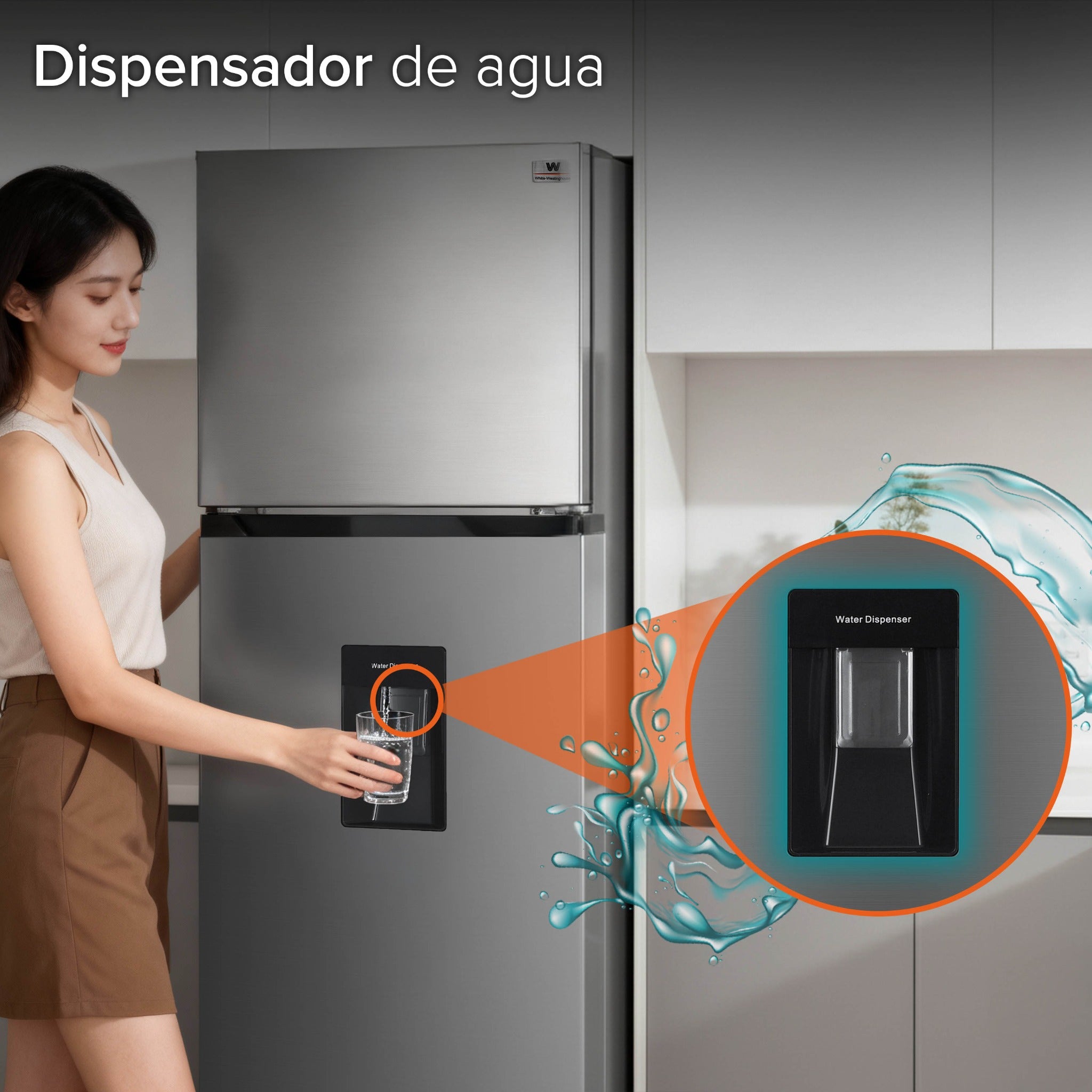 White Westinghouse Refrigerador 9 pies Top Mount 247 L Inverter automático 2 puertas con congelador control mecánico de temperatura despachador de agua puerta reversible luz interior