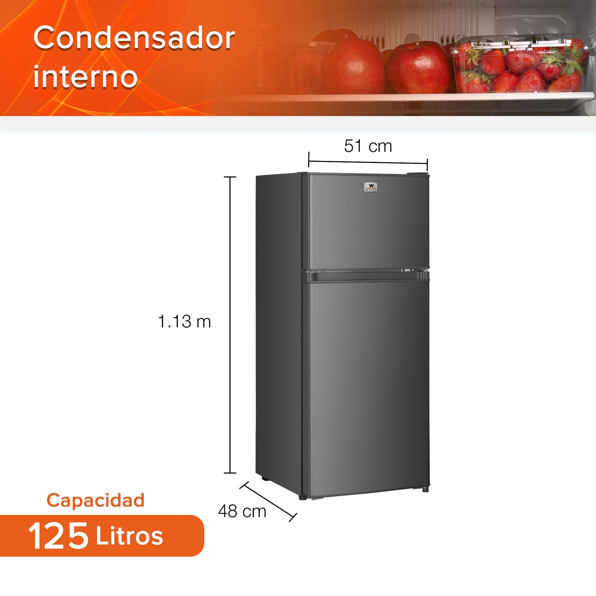 White Westinghouse Refrigerador Frigobar 4.4 pies 125L Modelo WWCR44125LHS Top Mount control mecánico de temperatura puerta reversible y luz interior condensador interno pata ajustable