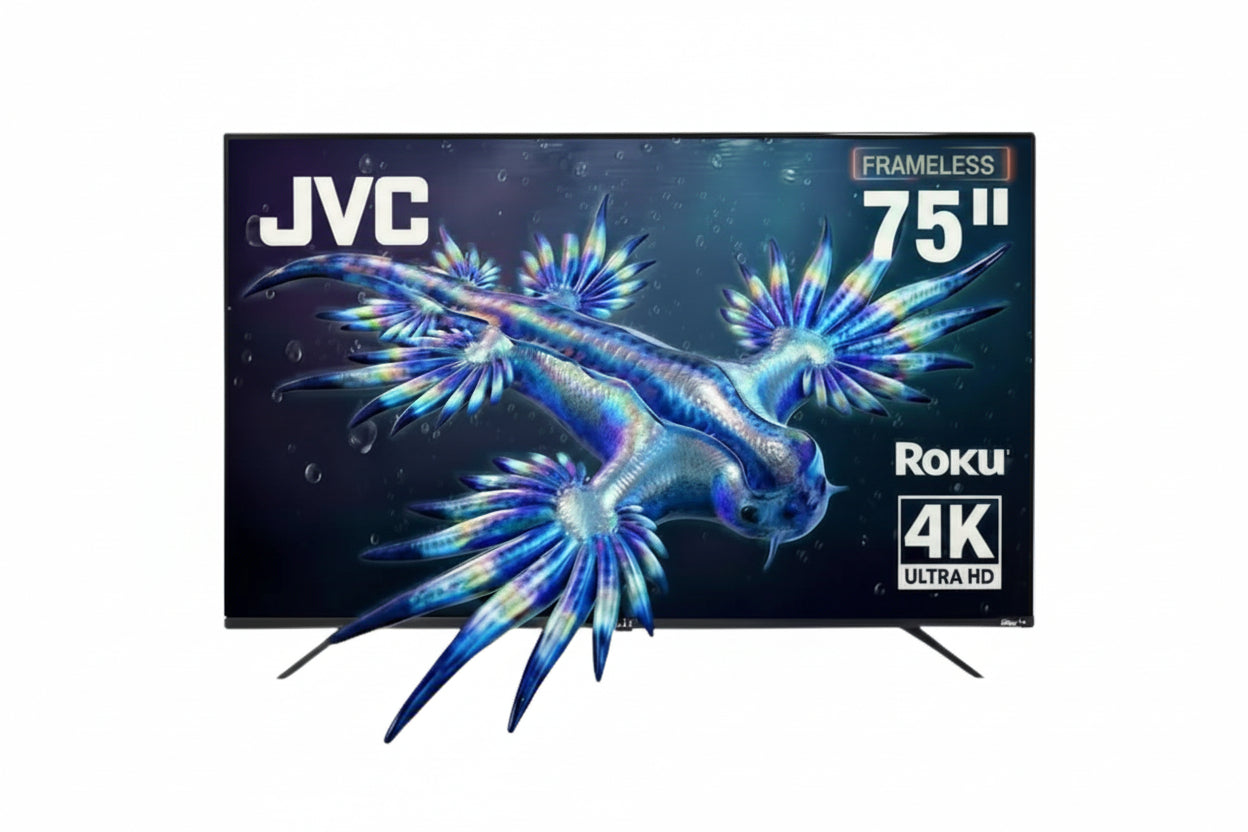 JVC Smart TV 75 pulgadas 4K UHD LED Frameless Roku TV Dolby Audio WiFi Netflix YouTube Prime Video Modelo SI75URF