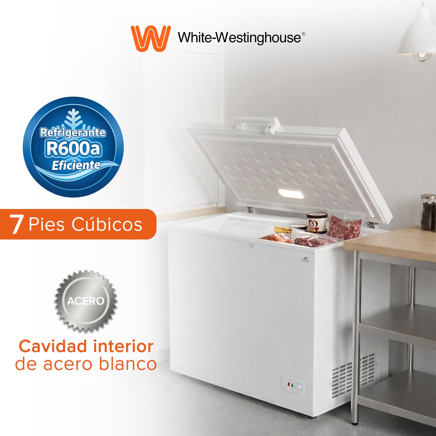 White Westinghouse Congelador 7 pies 200 L Modelo WWCCF071200LHWSD ruedas condensador interno control dual de temperatura canastilla interior cerradura con llave