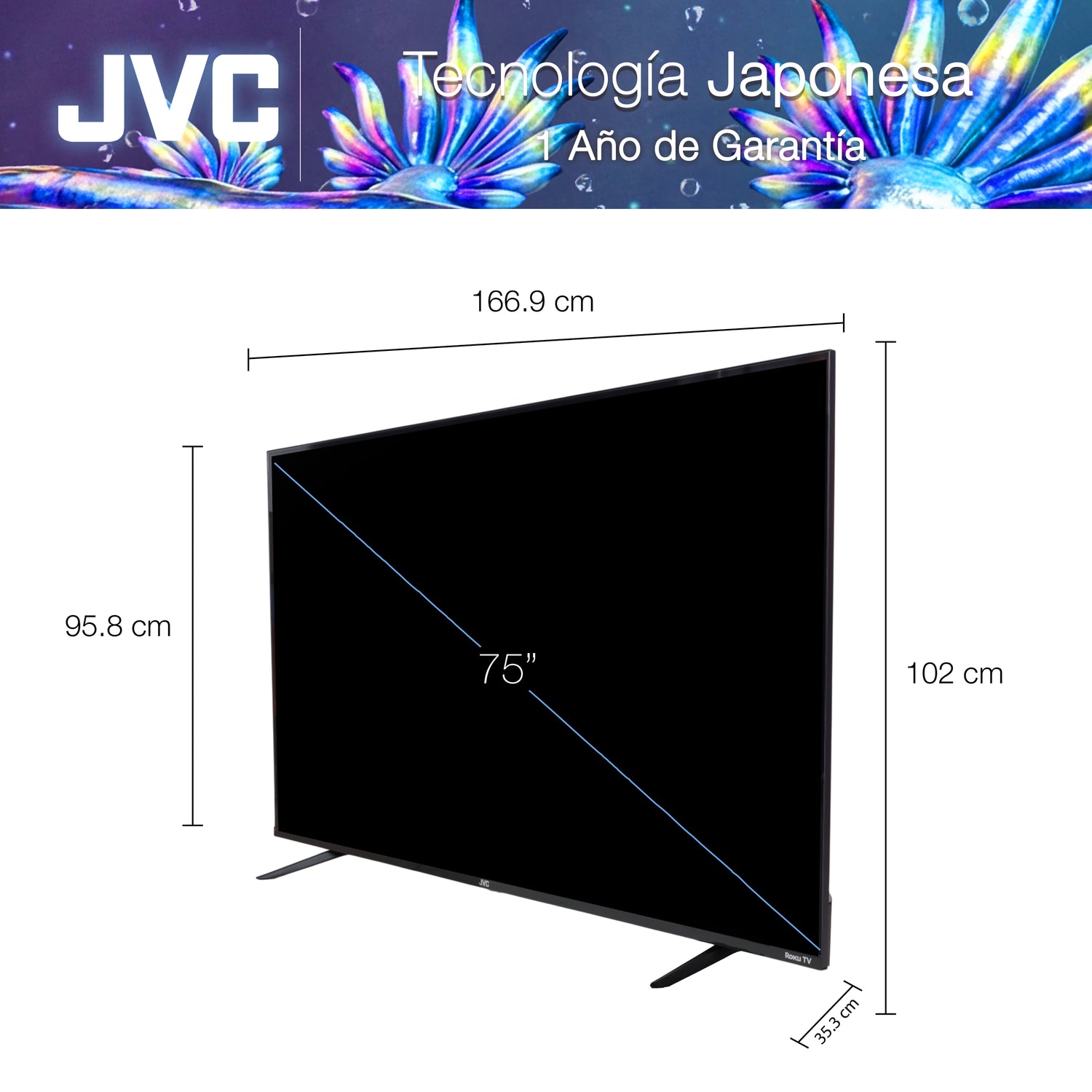 JVC Smart TV 75 pulgadas 4K UHD LED Frameless Roku TV Dolby Audio WiFi Netflix YouTube Prime Video Modelo SI75URF