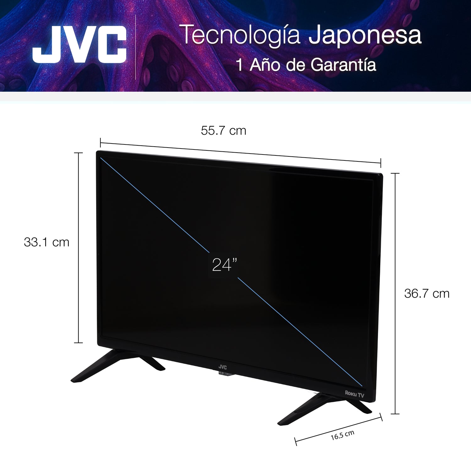 JVC Pantalla Smart TV 24 pulgadas HD LED Roku TV Dolby Audio WiFi HDMI USB Netflix YouTube Prime Video Modelo SI24R