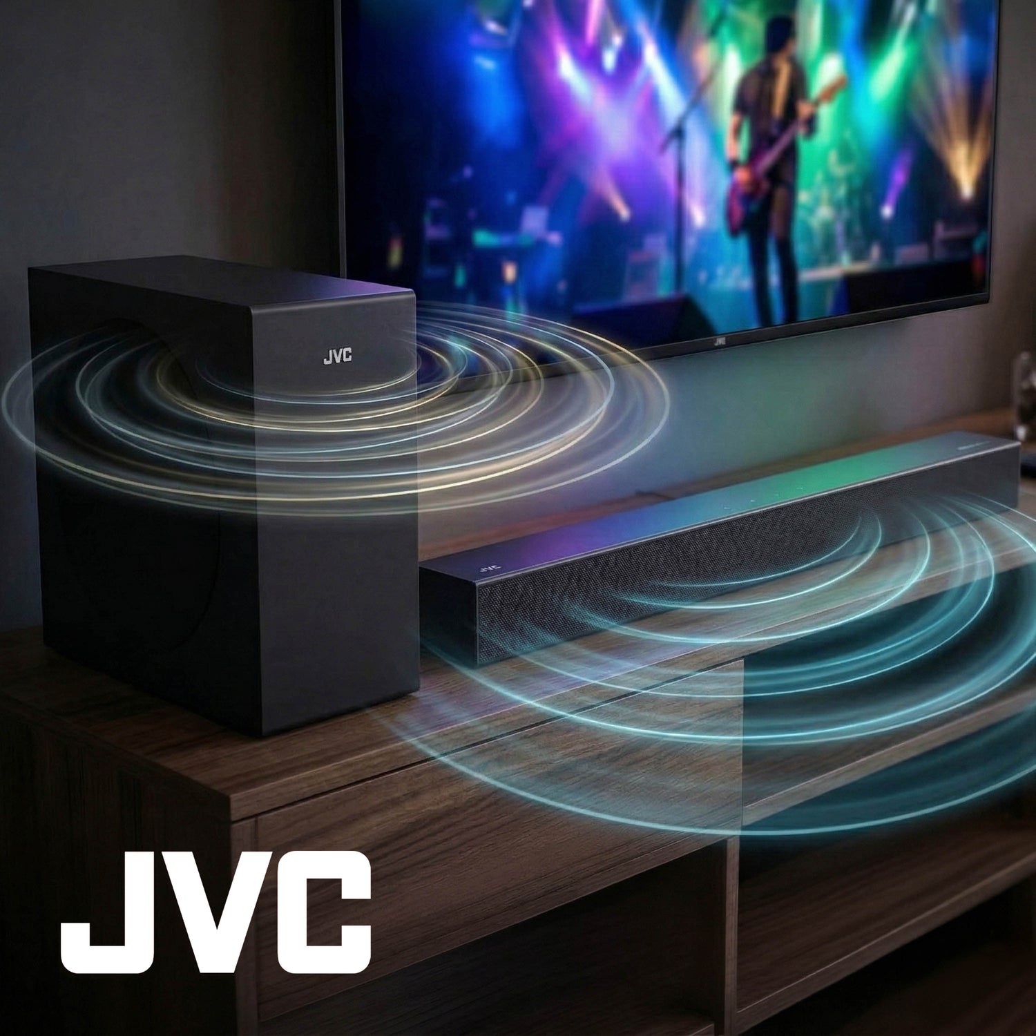 JVC Soundbar 2.1 canales con Subwoofer inalámbrico Dolby Atmos Bluetooth 5.3 HDMI ARC Optical Input Roku TV Ready Modelo SB542R