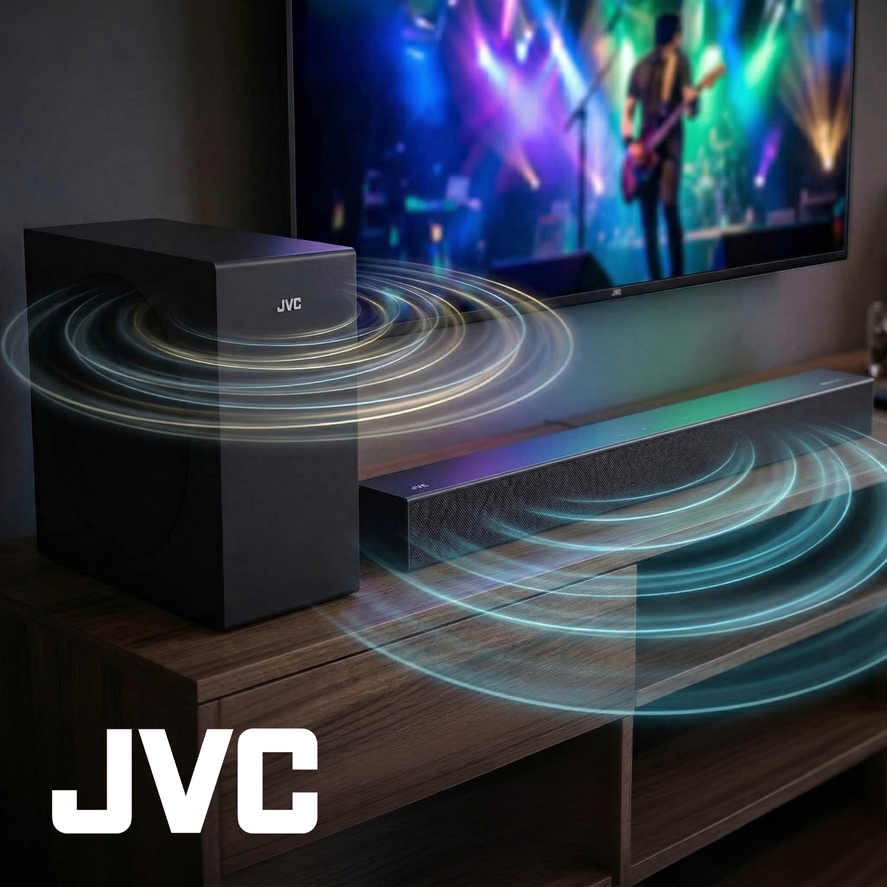 JVC Soundbar 2.1 canales con Subwoofer inalámbrico Dolby Atmos Bluetooth 5.3 HDMI ARC Optical Input Roku TV Ready Modelo SB542R