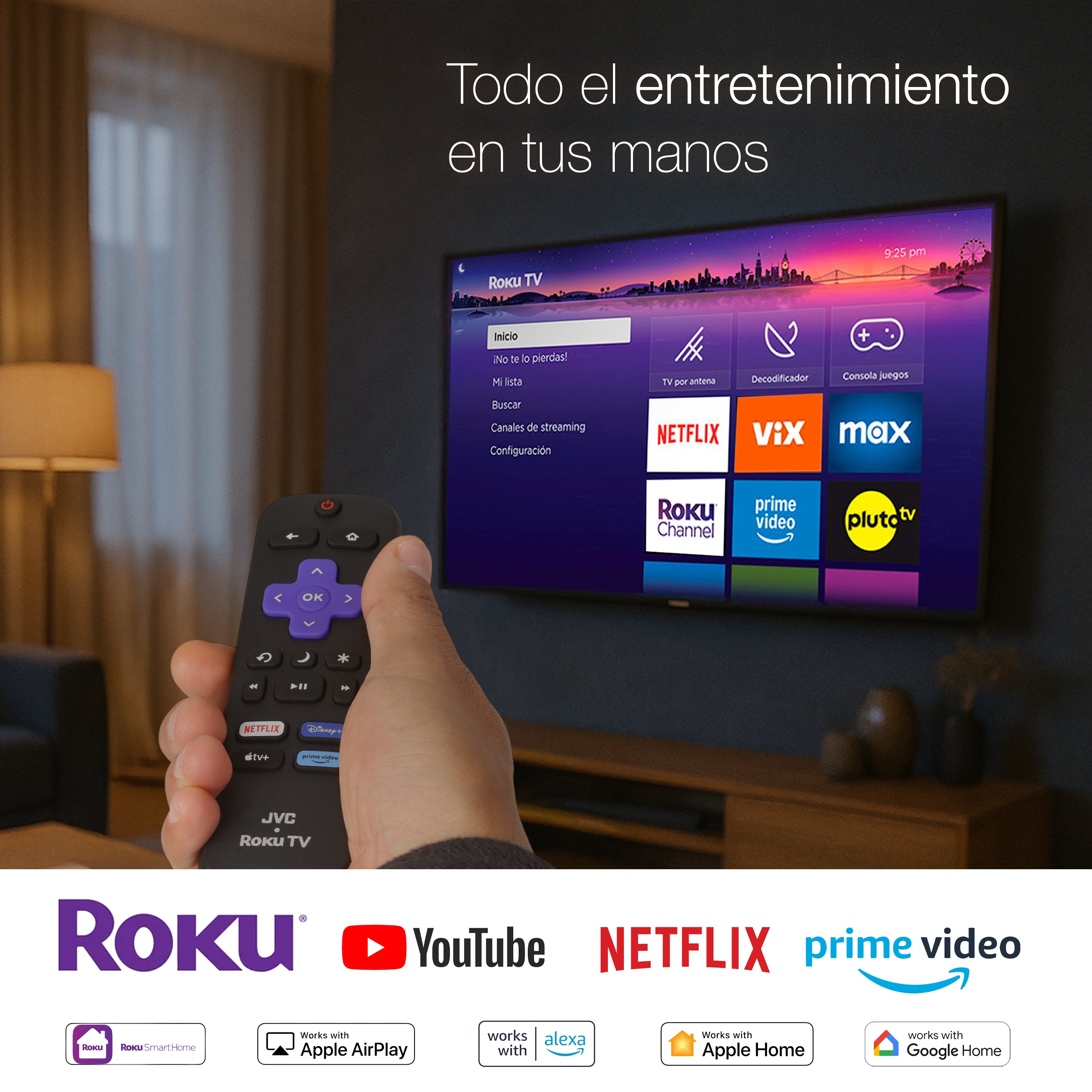JVC Pantalla Smart TV 32 pulgadas HD LED Roku TV Dolby Audio WiFi 3 HDMI 1 USB AV Netflix YouTube Prime Video Modelo SI32R