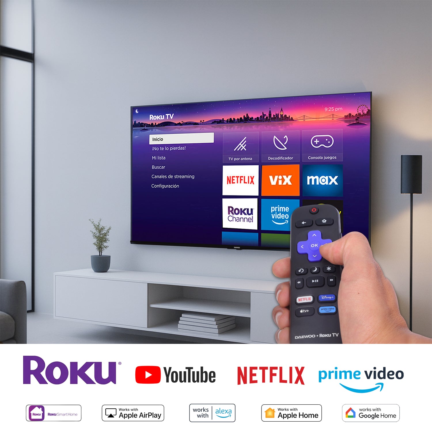 Daewoo Pantalla Smart TV 75 pulgadas 4K UHD LED Frameless Roku TV Dolby Audio WiFi 3 HDMI 2 USB AV Netflix YouTube Prime Video Modelo DAW75URF