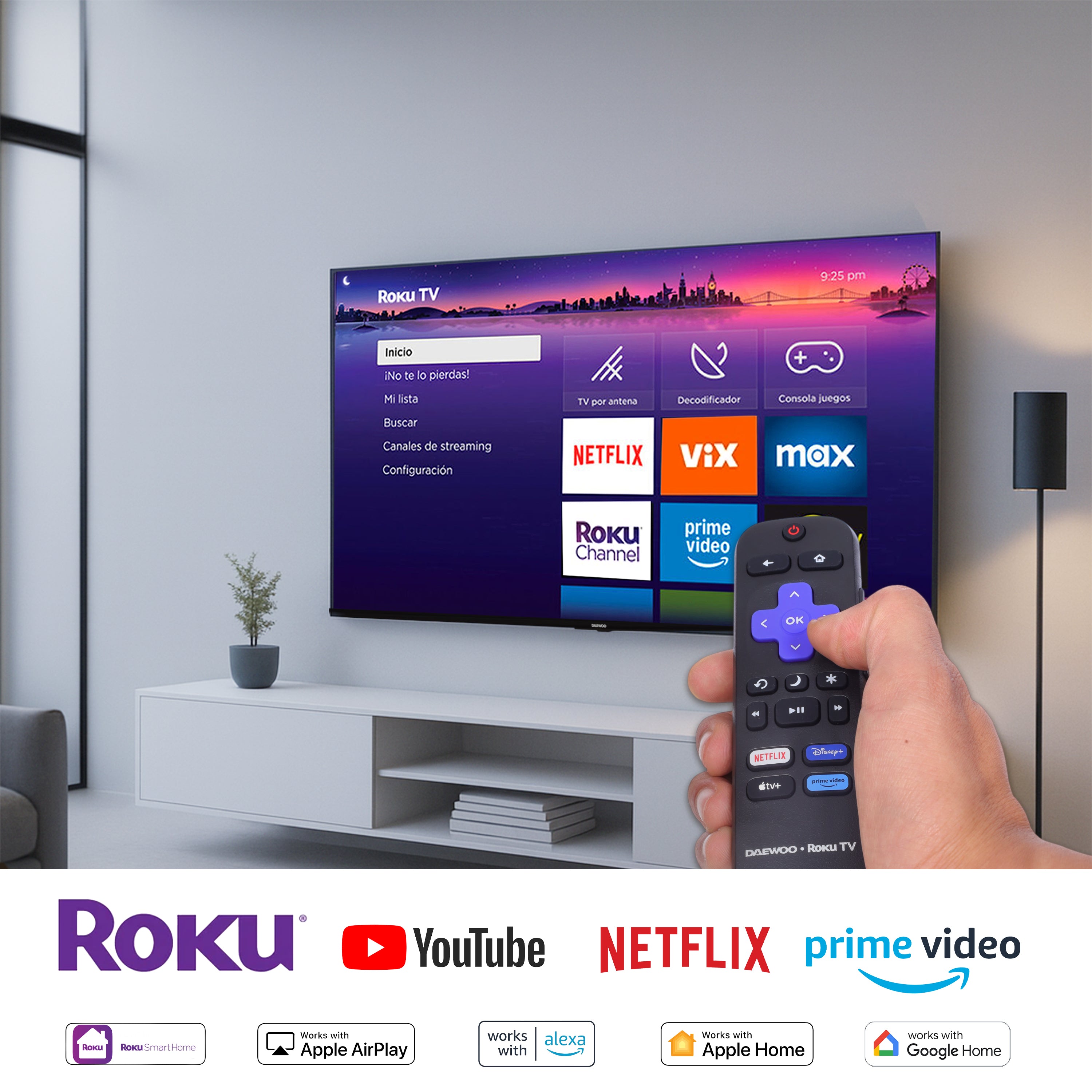 Daewoo Pantalla Smart TV 70 pulgadas 4K UHD LED Roku TV Dolby Audio WiFi 4 HDMI 2 USB AV Netflix YouTube Prime Video Modelo DAW70UR