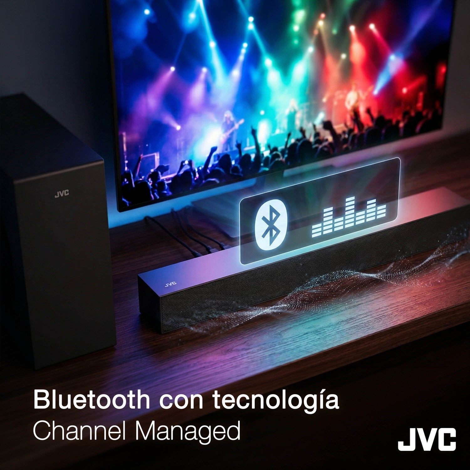 JVC Soundbar 2.1 canales con Subwoofer inalámbrico Dolby Atmos Bluetooth 5.3 HDMI ARC Optical Input Roku TV Ready Modelo SB542R