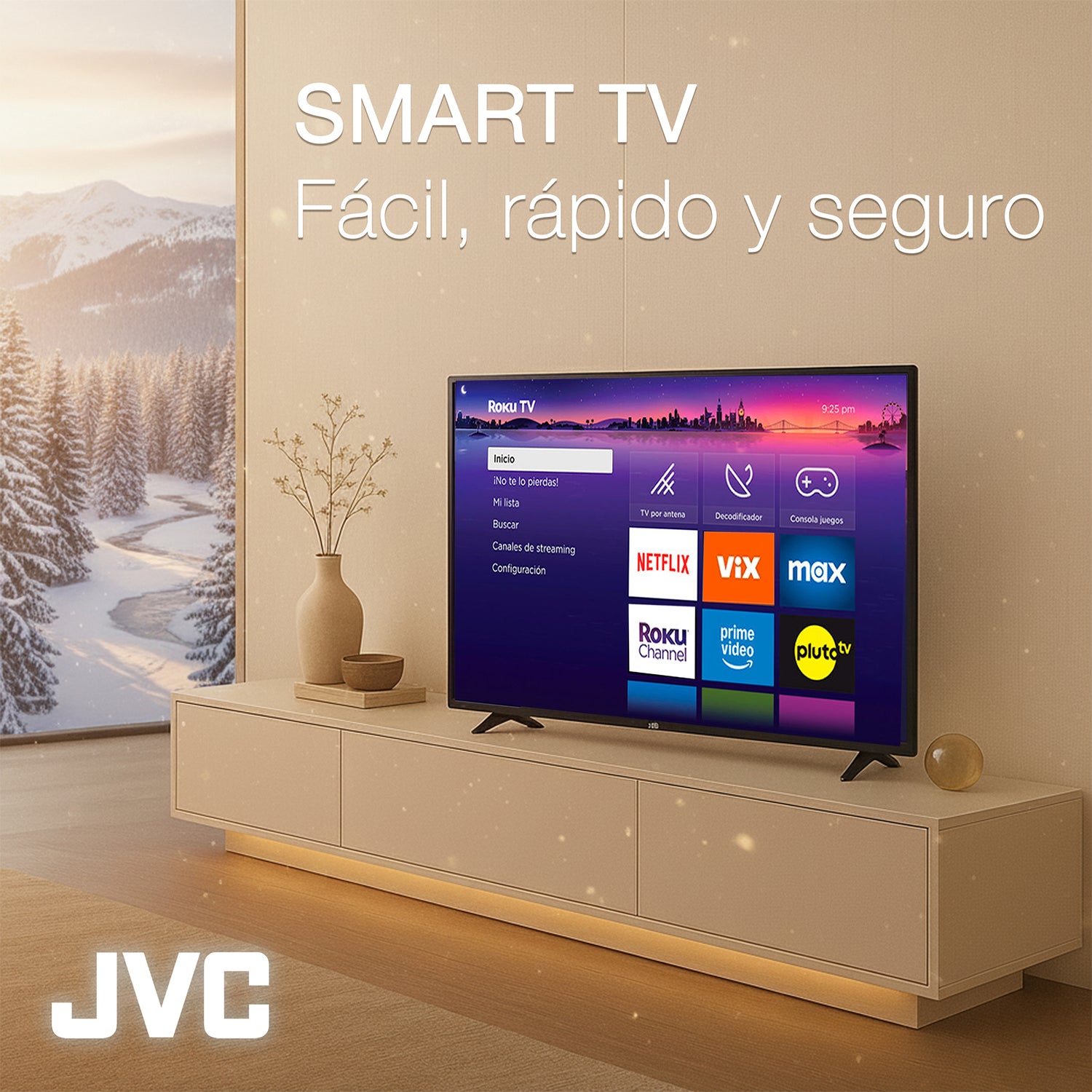 JVC Pantalla Smart TV 65 pulgadas 4K UHD LED Frameless Roku TV Dolby Audio WiFi 4 HDMI 2 USB AV Netflix YouTube Prime Video Modelo SI65URF