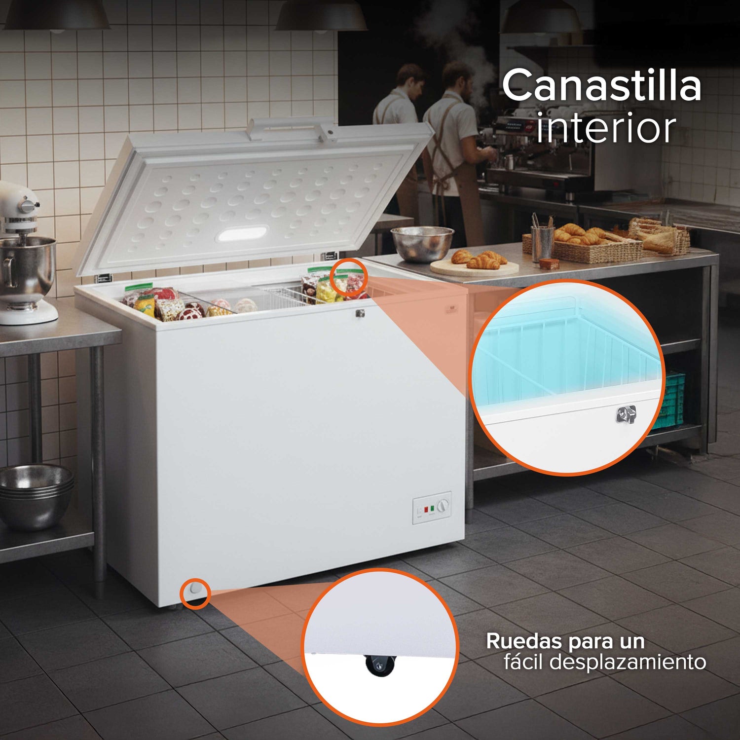 White Westinghouse Congelador 7 pies 200 L Modelo WWCCF071200LHWSD ruedas condensador interno control dual de temperatura canastilla interior cerradura con llave
