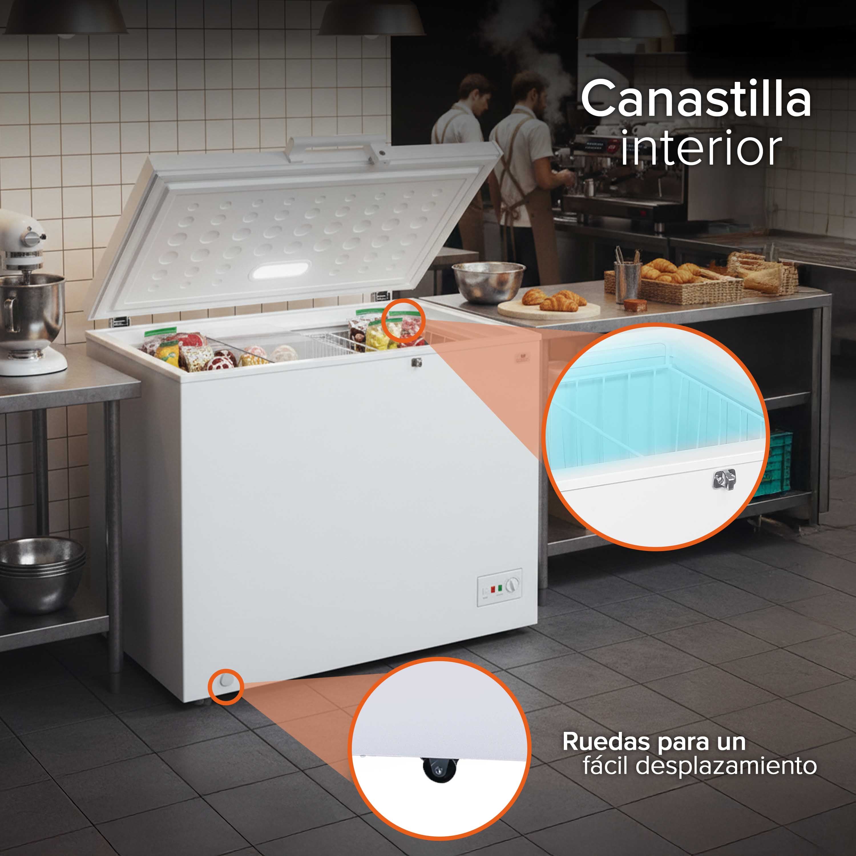 White Westinghouse Congelador 7 pies 200 L Modelo WWCCF071200LHWSD ruedas condensador interno control dual de temperatura canastilla interior cerradura con llave