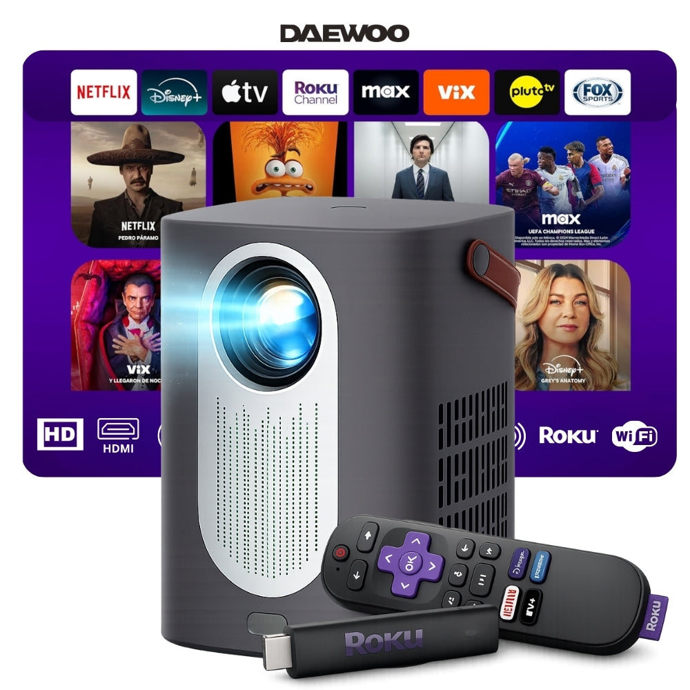 Proyector Portátil Daewoo CinemaFX PHB-709 con Roku Streaming Stick 4K Incluido HD 720p 230 ANSI Lúmenes WiFi AirPlay Miracast Pantalla Hasta 170" HDMI y USB