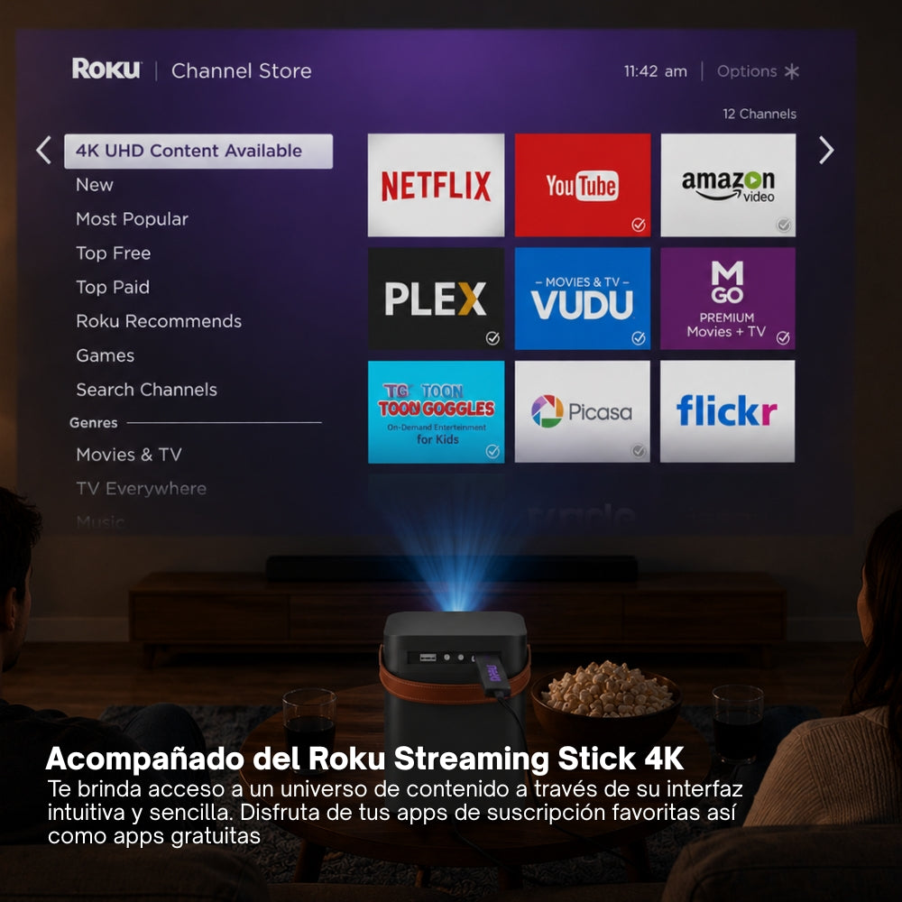 Proyector Portátil Daewoo CinemaFX PHB-709 con Roku Streaming Stick 4K Incluido HD 720p 230 ANSI Lúmenes WiFi AirPlay Miracast Pantalla Hasta 170" HDMI y USB