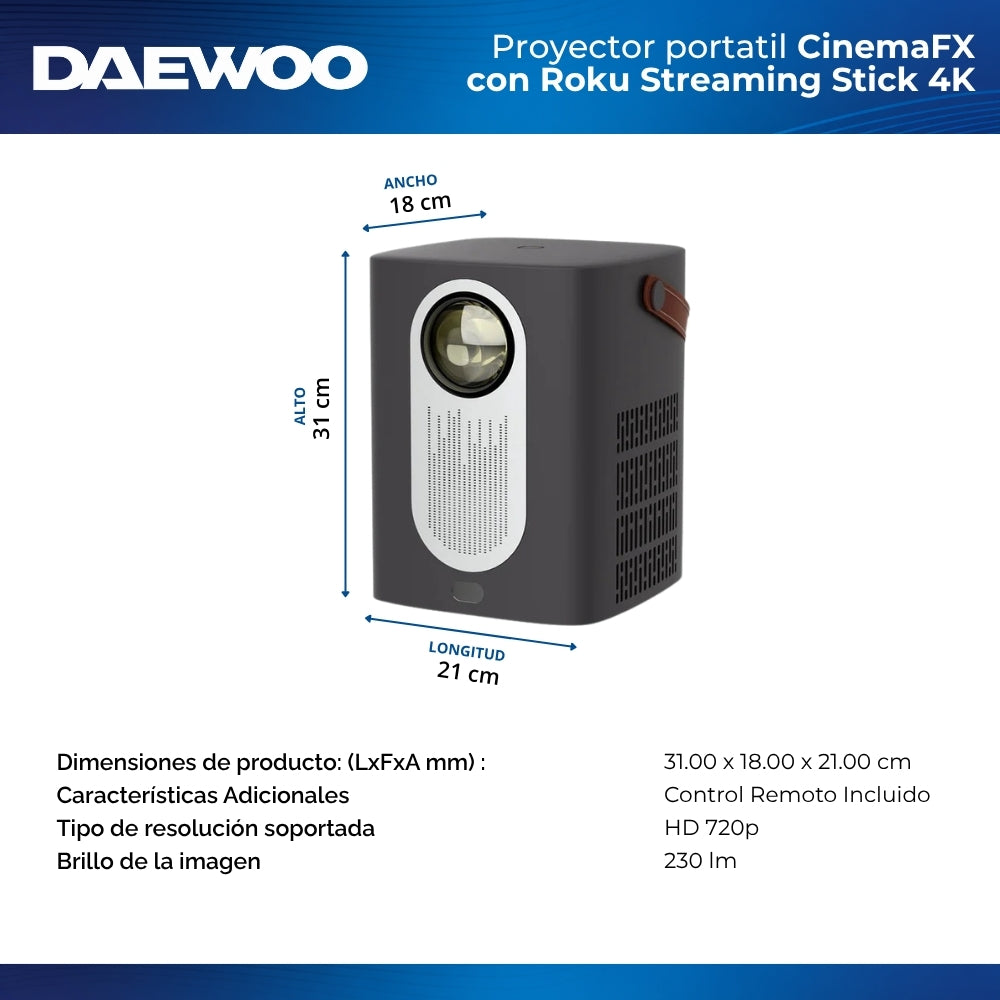 Proyector Portátil Daewoo CinemaFX PHB-709 con Roku Streaming Stick 4K Incluido HD 720p 230 ANSI Lúmenes WiFi AirPlay Miracast Pantalla Hasta 170" HDMI y USB