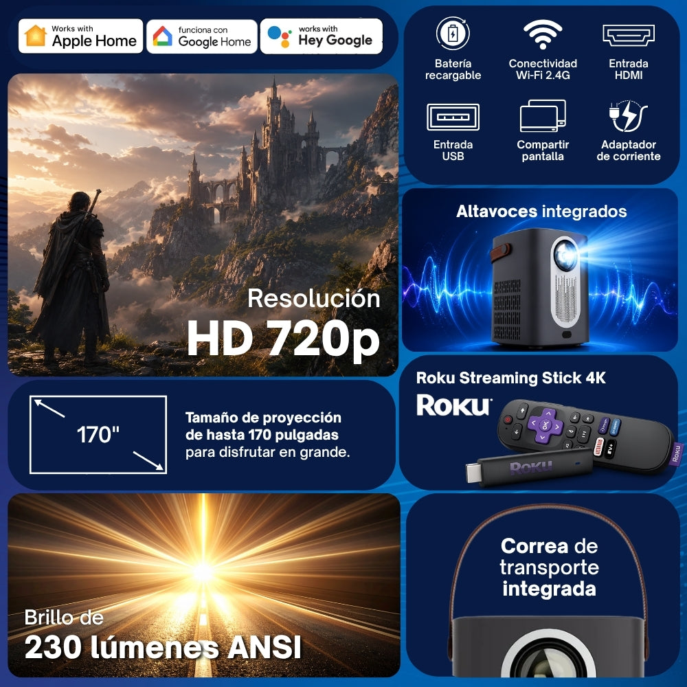 Proyector Portátil Daewoo CinemaFX PHB-709 con Roku Streaming Stick 4K Incluido HD 720p 230 ANSI Lúmenes WiFi AirPlay Miracast Pantalla Hasta 170" HDMI y USB