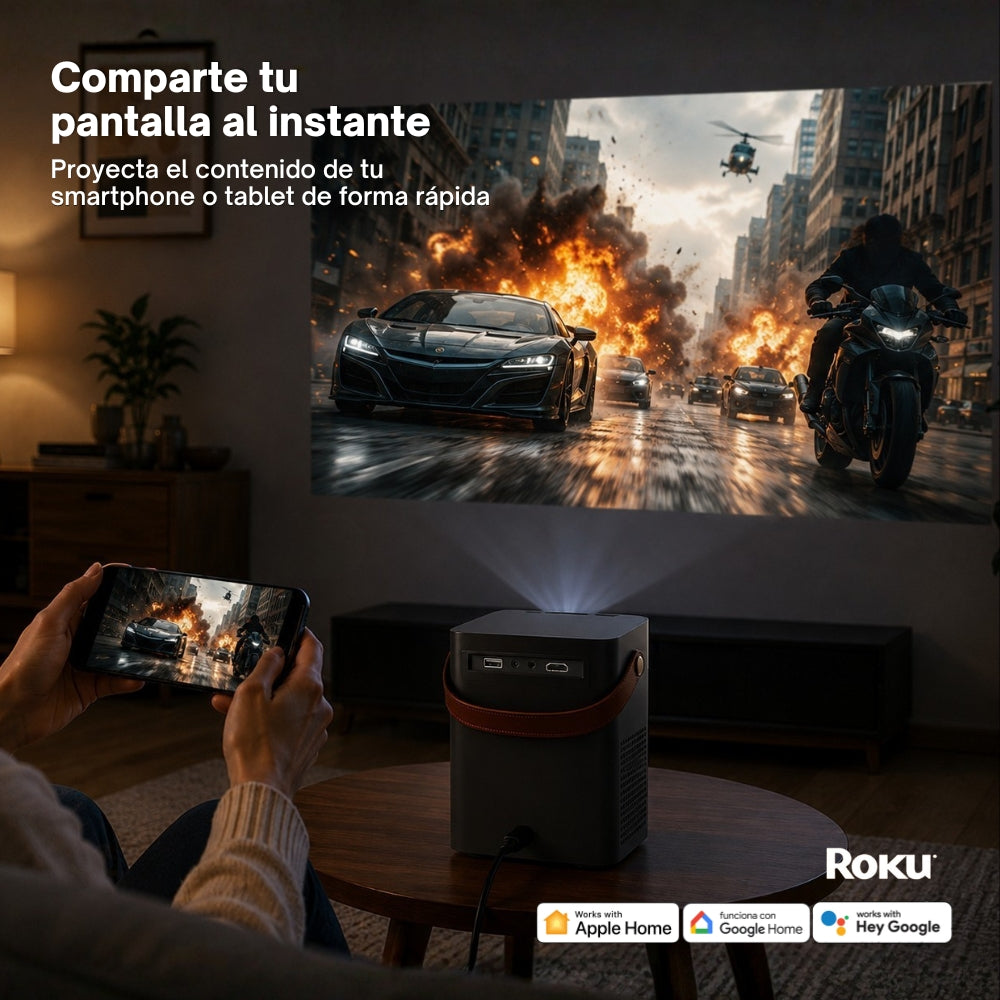 Proyector Portátil Daewoo CinemaFX PHB-709 con Roku Streaming Stick 4K Incluido HD 720p 230 ANSI Lúmenes WiFi AirPlay Miracast Pantalla Hasta 170" HDMI y USB