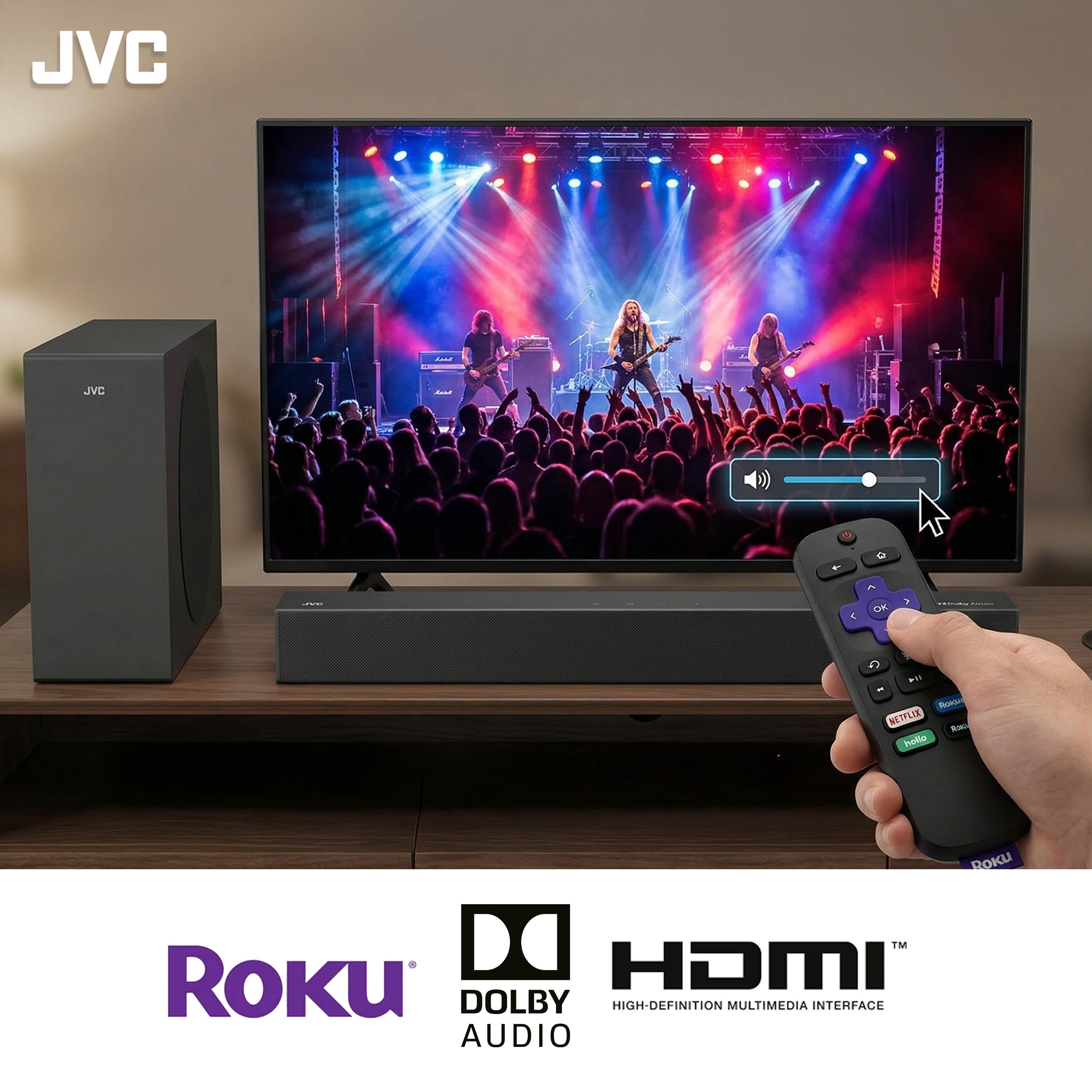 JVC Soundbar 2.1 canales con Subwoofer inalámbrico Dolby Atmos Bluetooth 5.3 HDMI ARC Optical Input Roku TV Ready Modelo SB542R