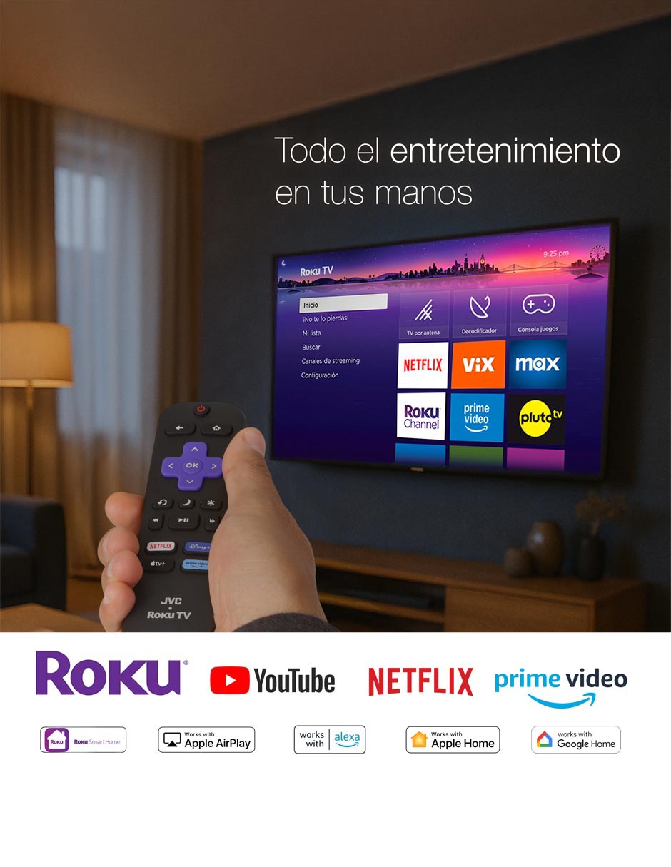JVC  Smart TV 50 pulgadas| 4K UHD LED  Roku TV  Dolby Audio  WiFi  4 HDMI 1 USB AV  Netflix YouTube Prime Video  Modelo SI50UR