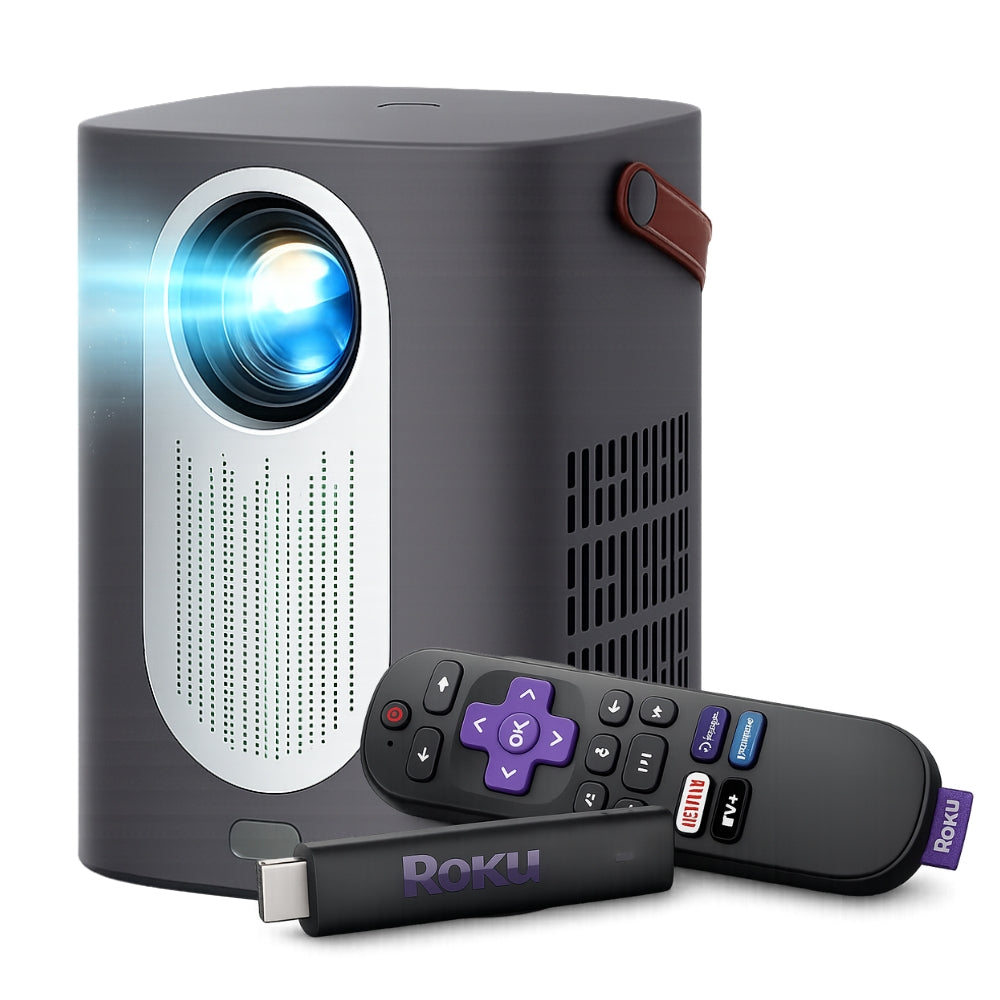 Proyector Portátil Daewoo CinemaFX PHB-709 con Roku Streaming Stick 4K Incluido HD 720p 230 ANSI Lúmenes WiFi AirPlay Miracast Pantalla Hasta 170" HDMI y USB