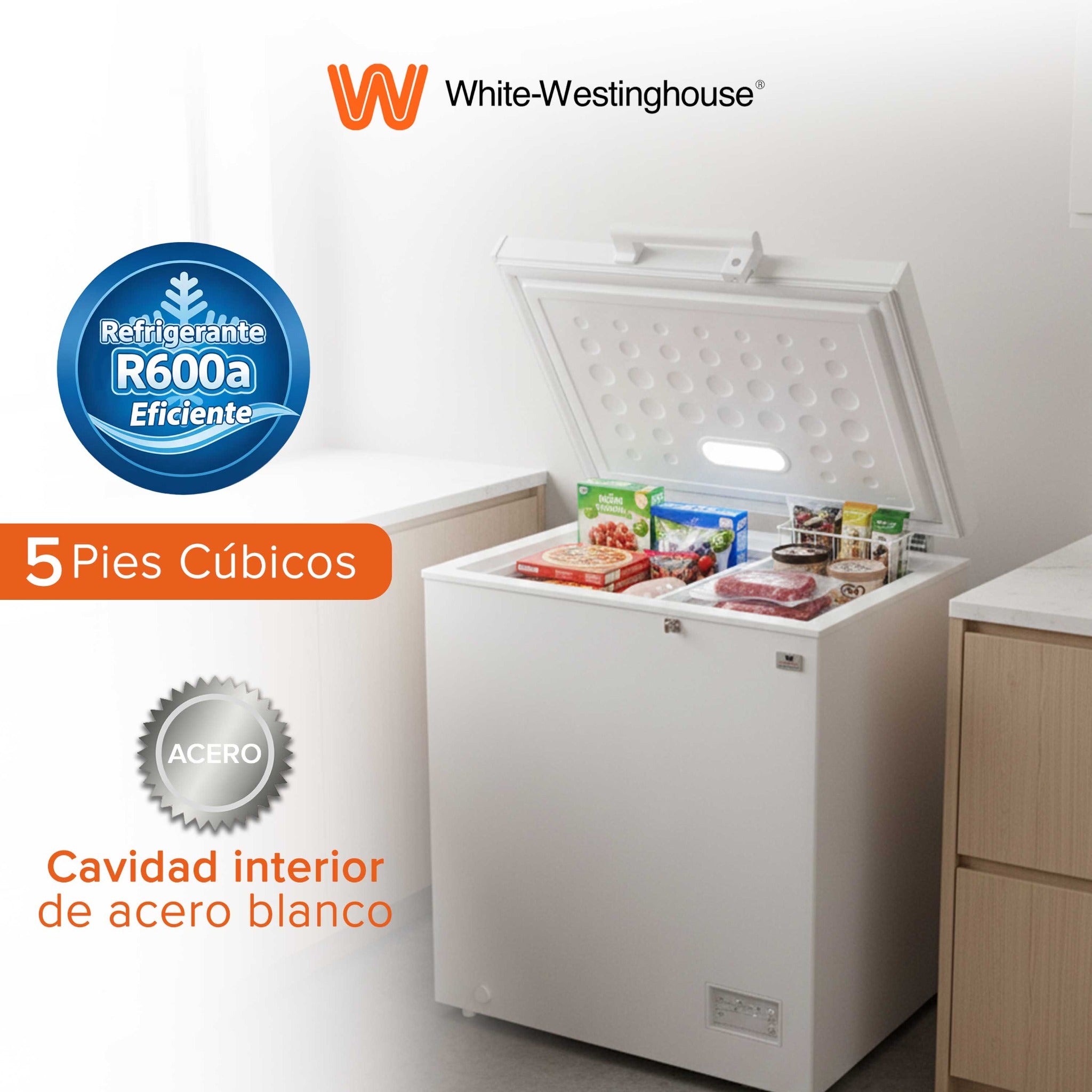 White Westinghouse Congelador 5 pies 145 L Modelo WWCCF05145LHWSD ruedas condensador interno control dual de temperatura canastilla interior cerradura con llave manija exterior