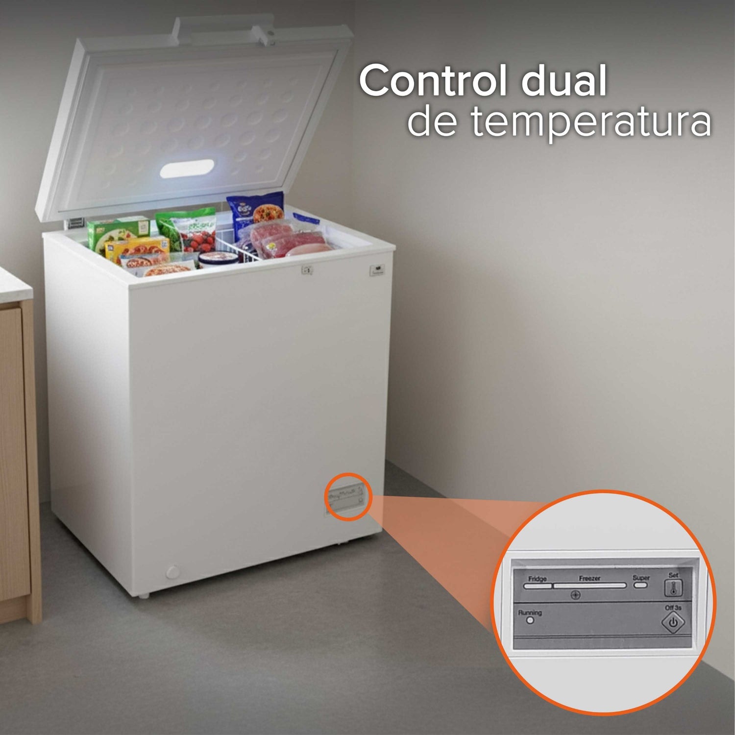 White Westinghouse Congelador 5 pies 145 L Modelo WWCCF05145LHWSD ruedas condensador interno control dual de temperatura canastilla interior cerradura con llave manija exterior