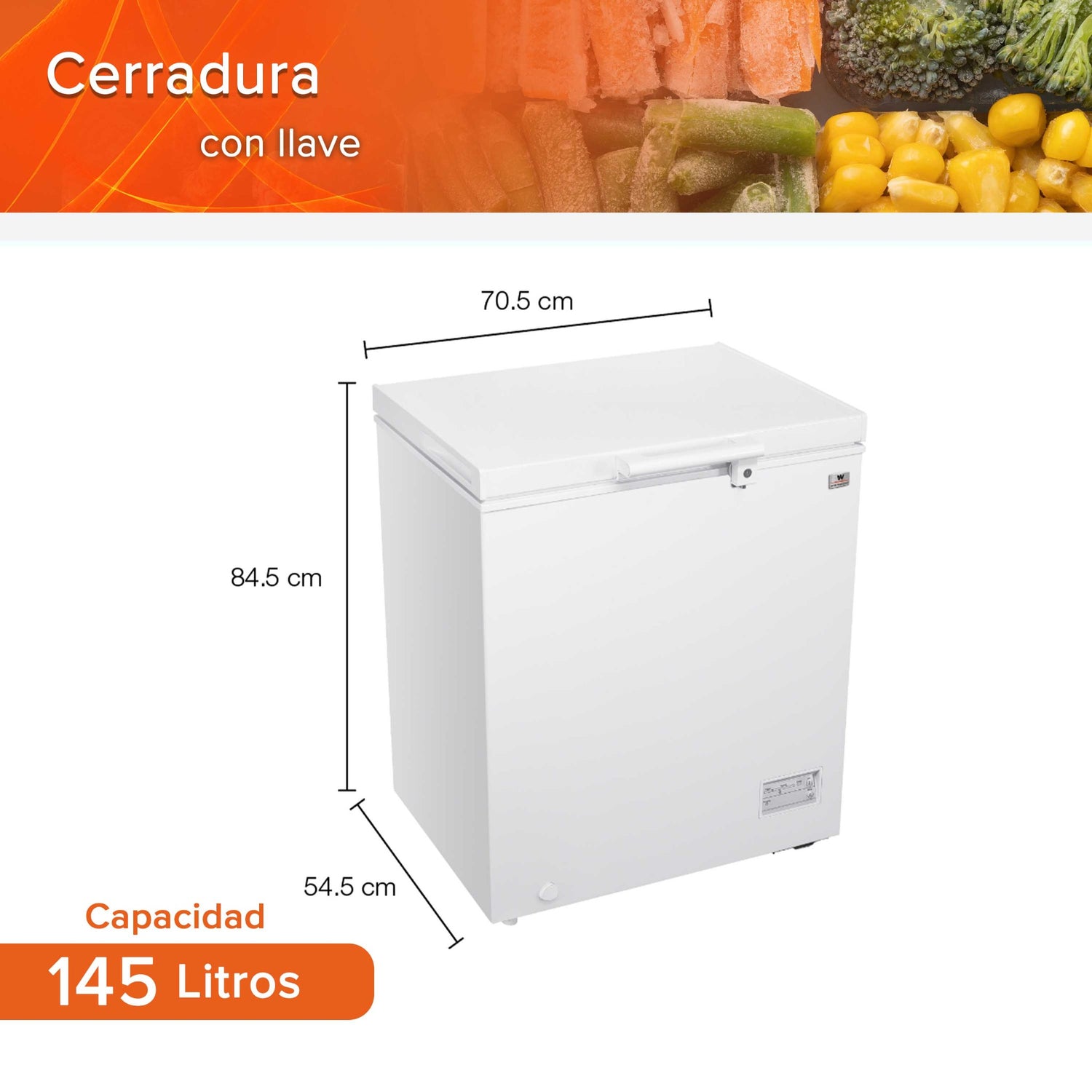 White Westinghouse Congelador 5 pies 145 L Modelo WWCCF05145LHWSD ruedas condensador interno control dual de temperatura canastilla interior cerradura con llave manija exterior
