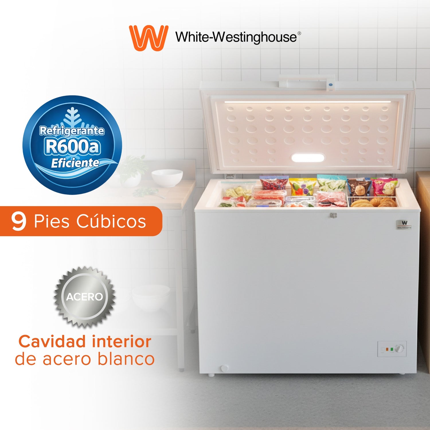 White Westinghouse Congelador 9 pies 251 litros Modelo WWCCF89251LHWSD Inverter control dual condensador interno canastilla puertas deslizables luz interior ruedas