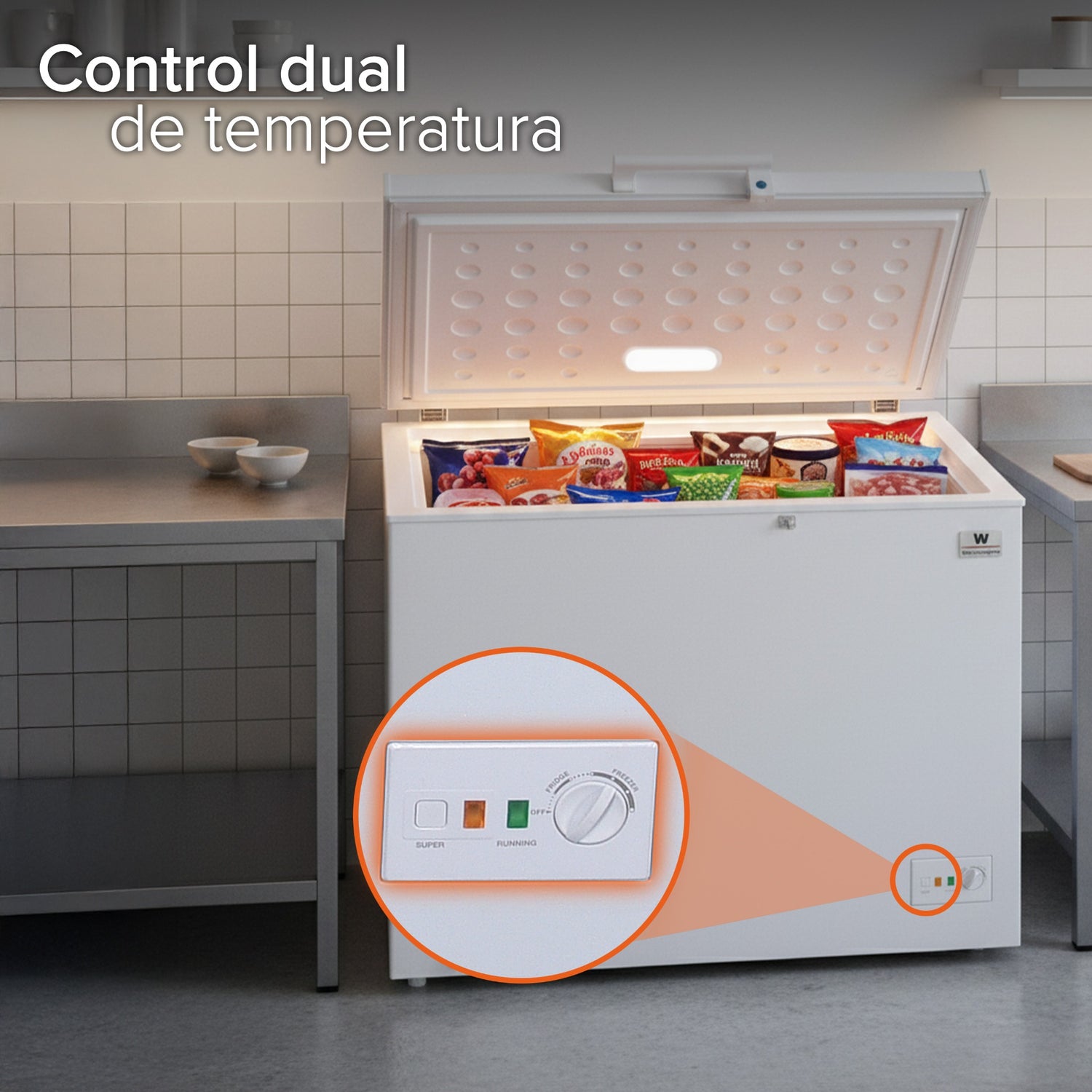 White Westinghouse Congelador 9 pies 251 litros Modelo WWCCF89251LHWSD Inverter control dual condensador interno canastilla puertas deslizables luz interior ruedas