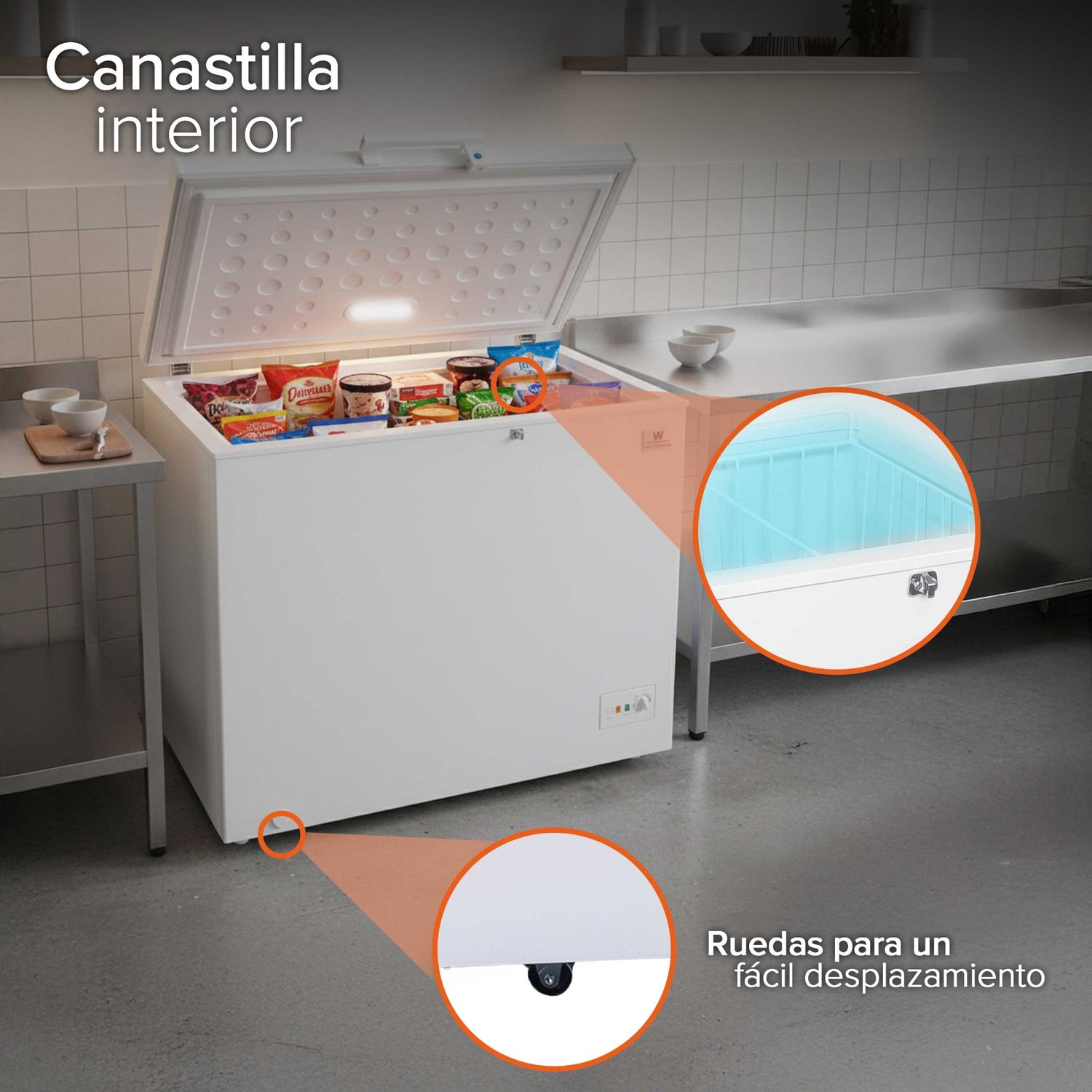 White Westinghouse Congelador 9 pies 251 litros Modelo WWCCF89251LHWSD Inverter control dual condensador interno canastilla puertas deslizables luz interior ruedas