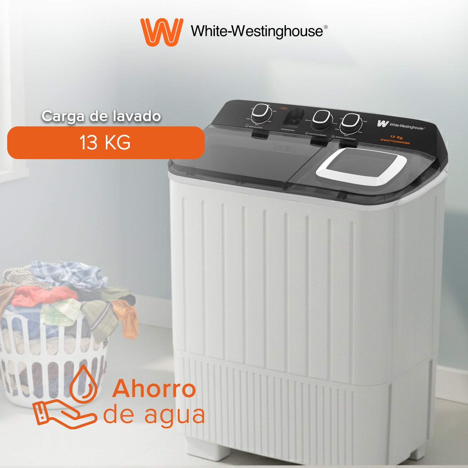 White Westinghouse Lavadora Doble Tina 13 kg WWXCTT23905BK Gabinete en polipropileno 4 niveles de agua 3 perillas de control Bajo consumo de energía Ahorro de agua