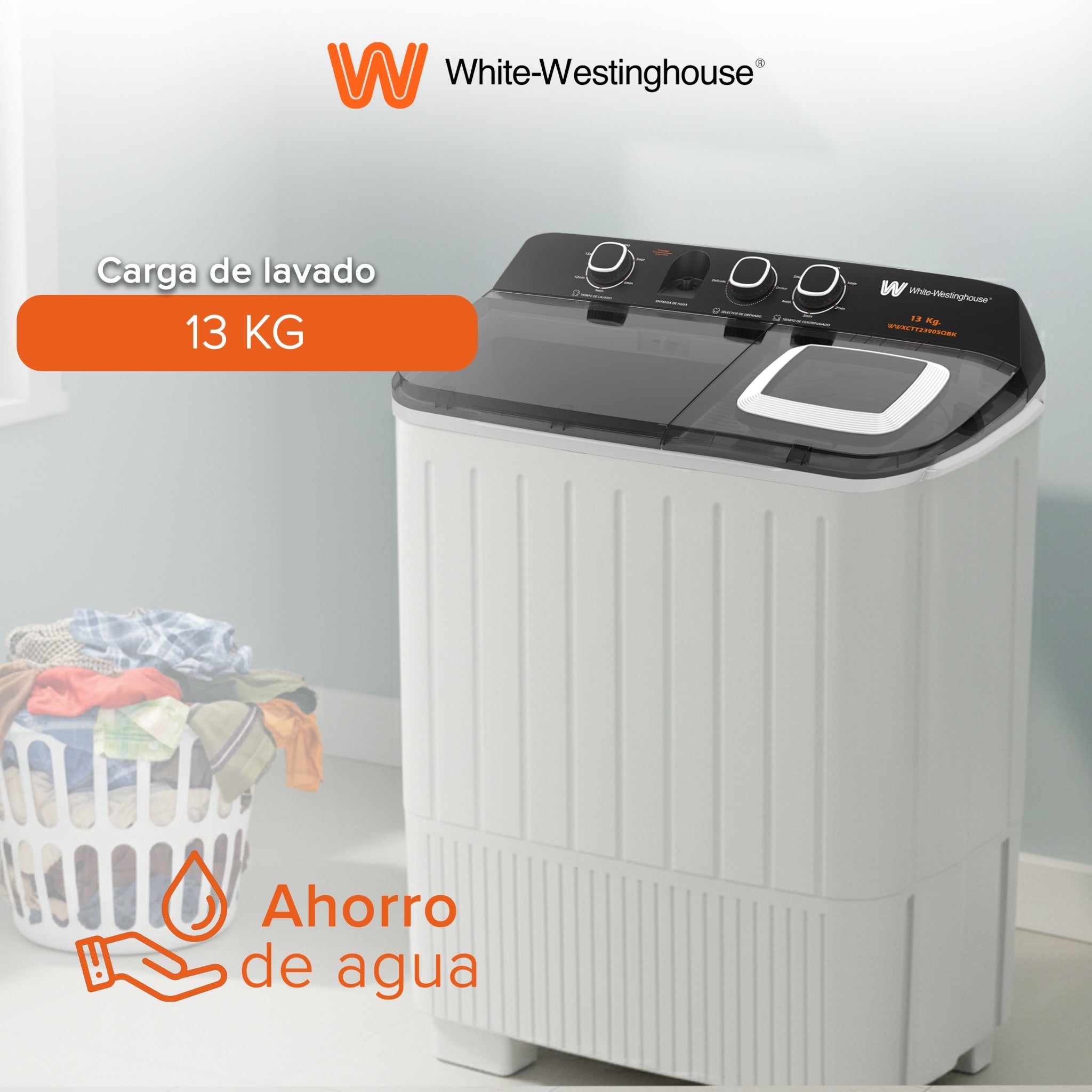 White Westinghouse Lavadora Doble Tina 13 kg WWXCTT23905BK Gabinete en polipropileno 4 niveles de agua 3 perillas de control Bajo consumo de energía Ahorro de agua