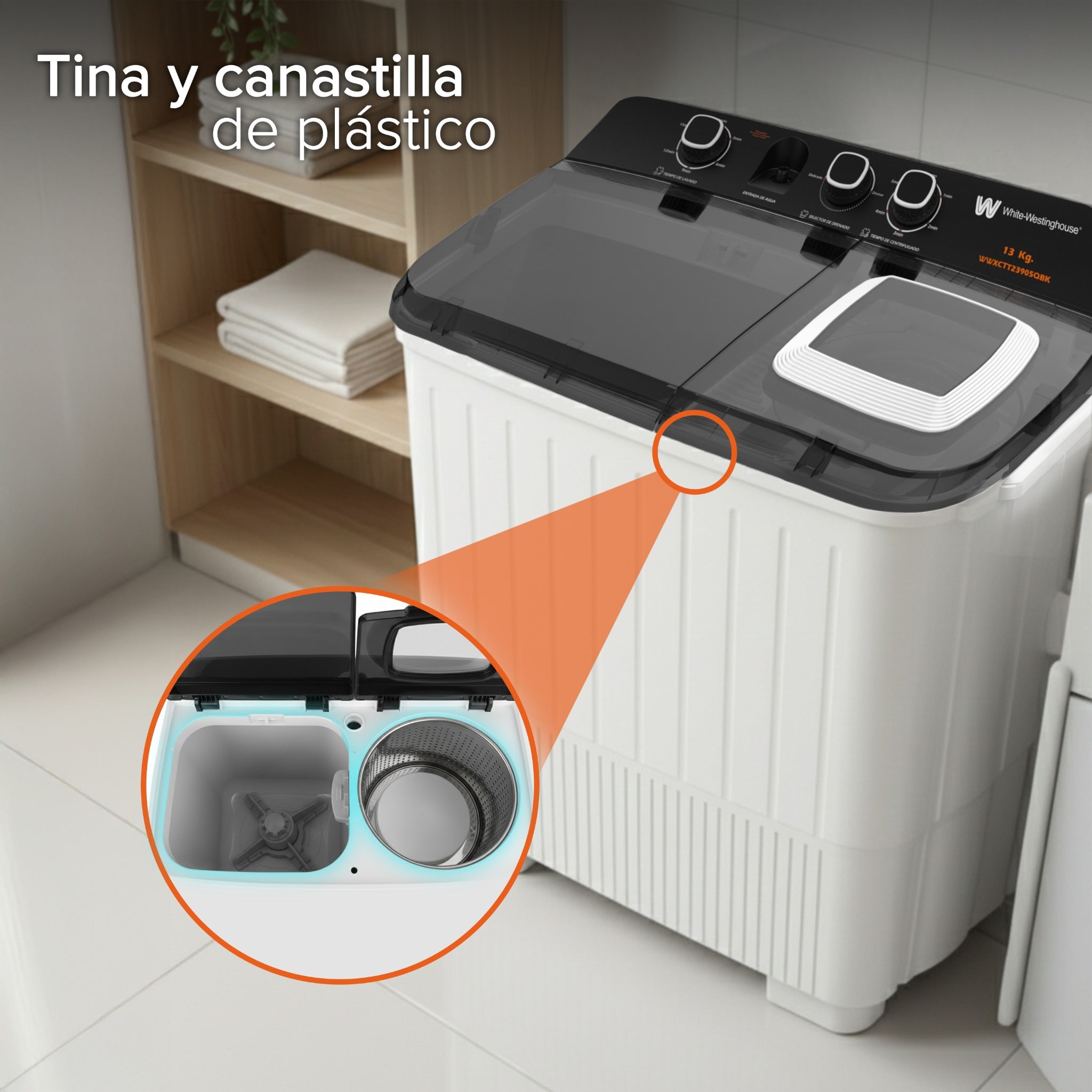 White Westinghouse Lavadora Doble Tina 13 kg WWXCTT23905BK Gabinete en polipropileno 4 niveles de agua 3 perillas de control Bajo consumo de energía Ahorro de agua
