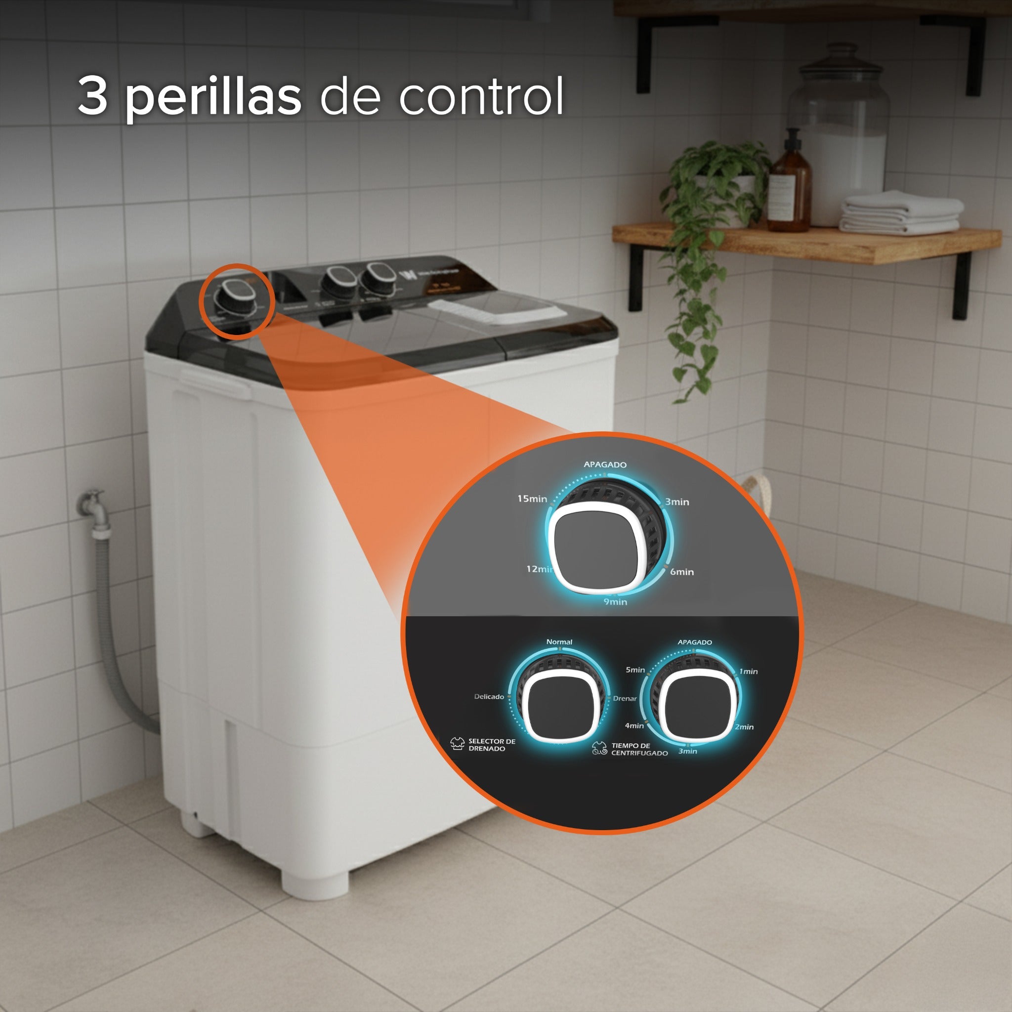 White Westinghouse Lavadora Doble Tina 13 kg WWXCTT23905BK Gabinete en polipropileno 4 niveles de agua 3 perillas de control Bajo consumo de energía Ahorro de agua