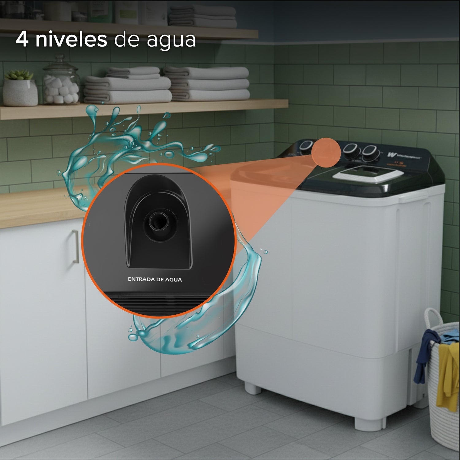 White Westinghouse Lavadora Doble Tina 13 kg WWXCTT23905BK Gabinete en polipropileno 4 niveles de agua 3 perillas de control Bajo consumo de energía Ahorro de agua