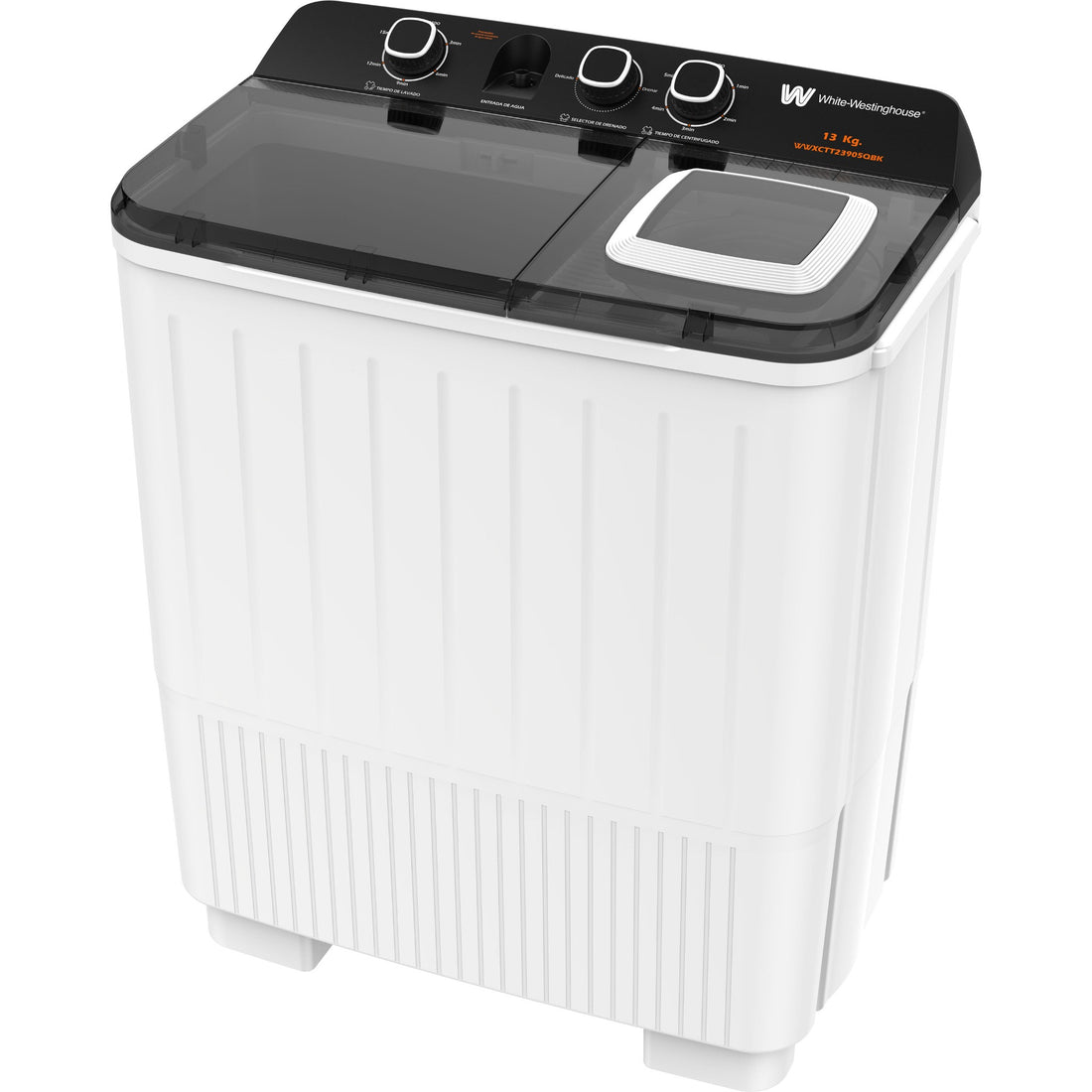 White Westinghouse Lavadora Doble Tina 13 kg WWXCTT23905BK Gabinete en polipropileno 4 niveles de agua 3 perillas de control Bajo consumo de energía Ahorro de agua