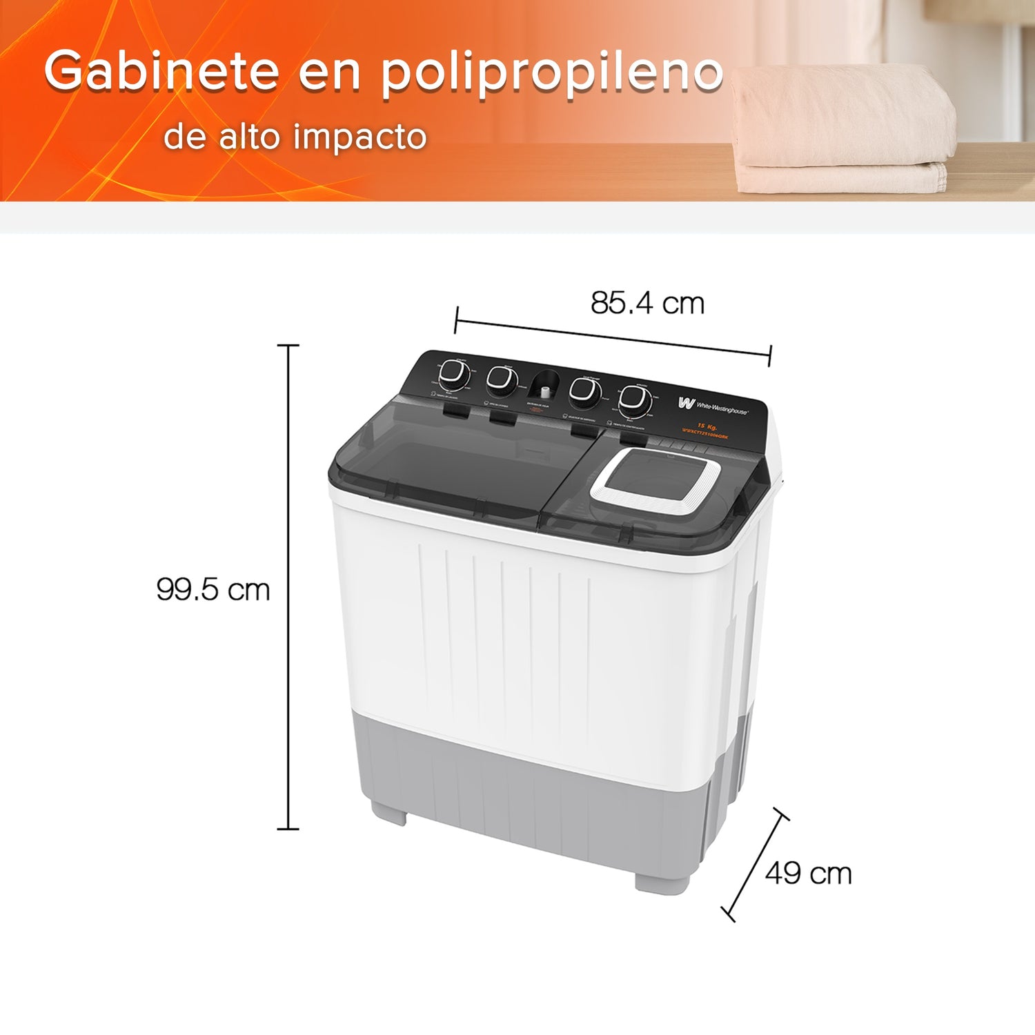 White Westinghouse Lavadora Doble Tina 15 kg WWXCTT251006QBK Gabinete en polipropileno 4 niveles de agua 4 perillas de control Bajo consumo de energía Ahorro de agua
