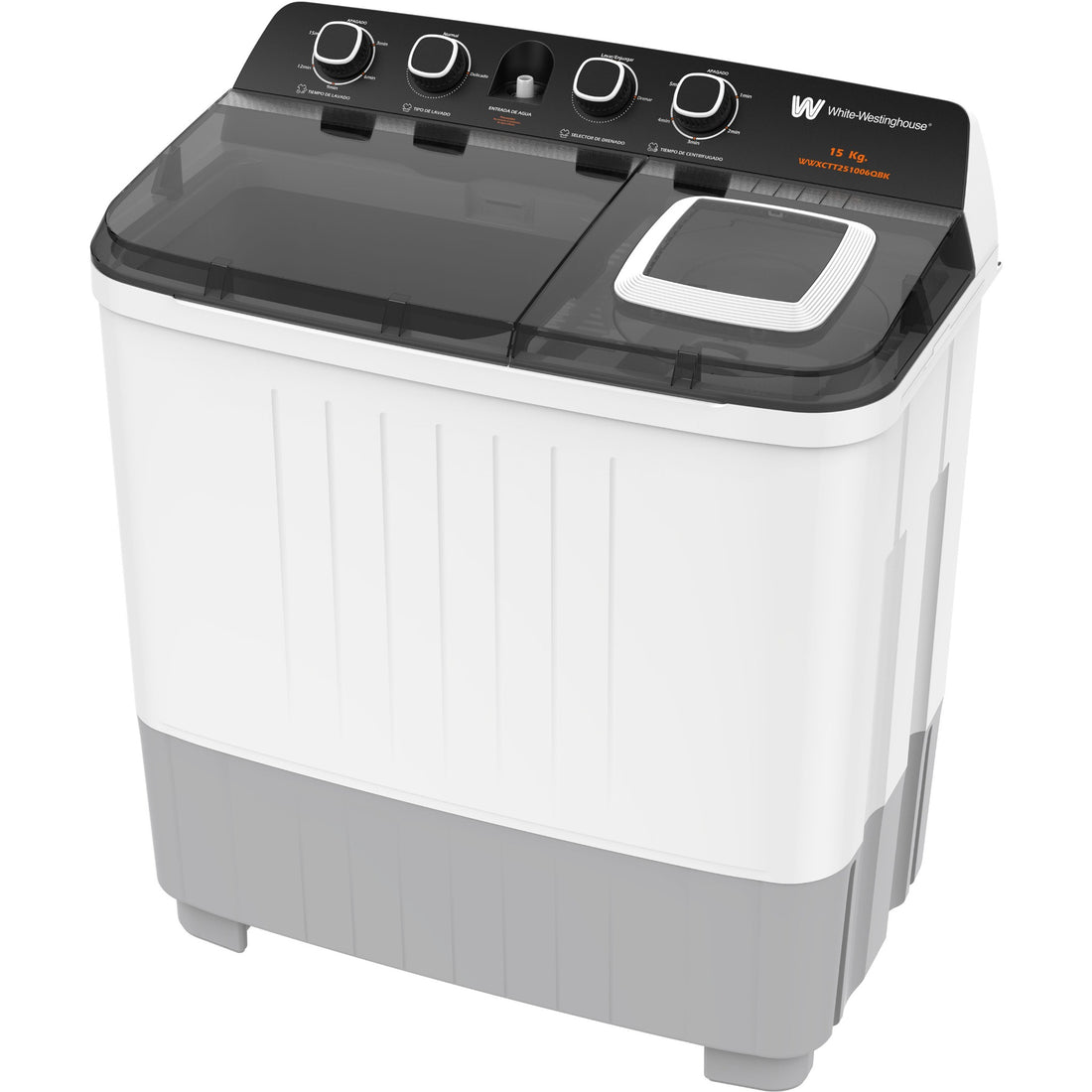 White Westinghouse Lavadora Doble Tina 15 kg WWXCTT251006QBK Gabinete en polipropileno 4 niveles de agua 4 perillas de control Bajo consumo de energía Ahorro de agua