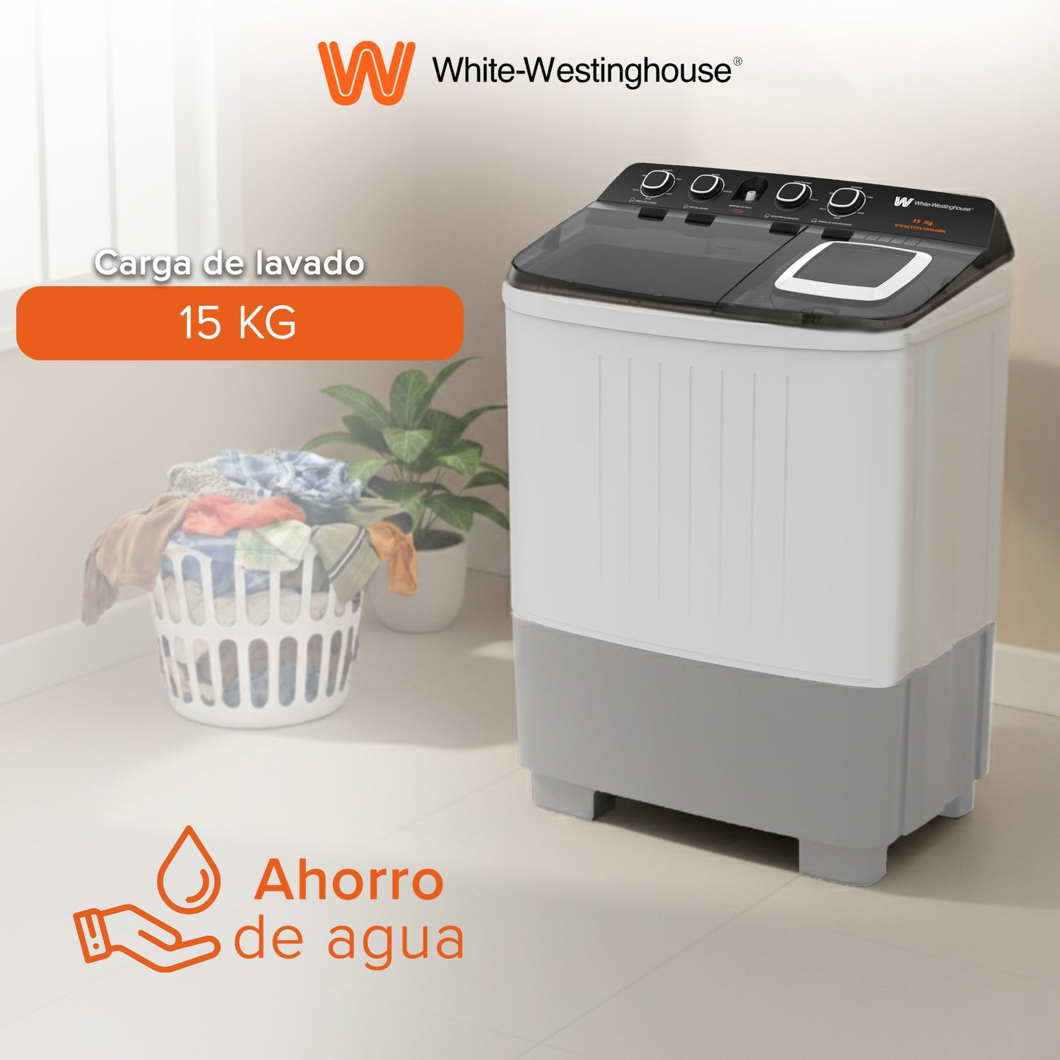 White Westinghouse Lavadora Doble Tina 15 kg WWXCTT251006QBK Gabinete en polipropileno 4 niveles de agua 4 perillas de control Bajo consumo de energía Ahorro de agua